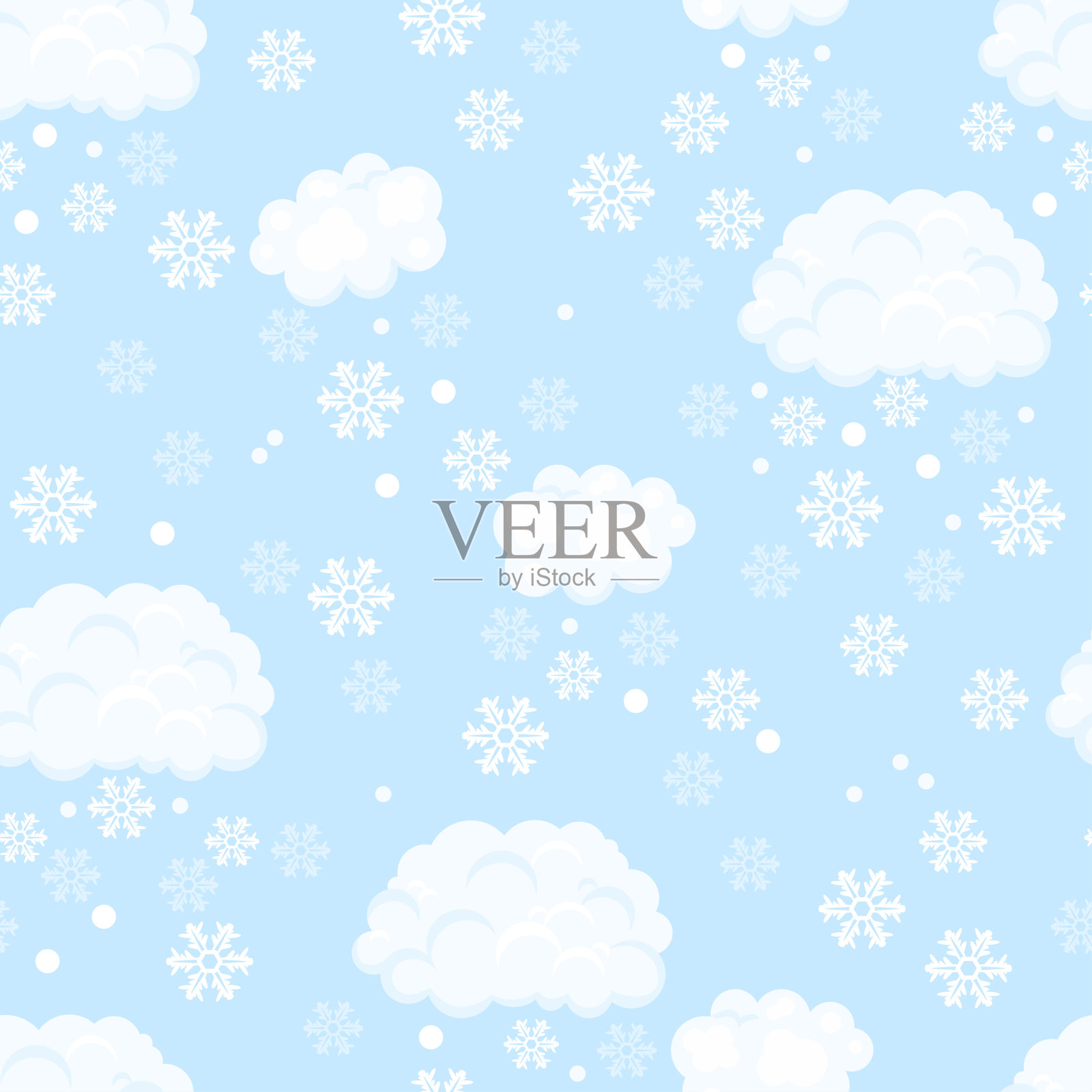无缝图案与雪云和雪花在蓝色的背景。冬天的背景。矢量卡通平面插图。插画图片素材