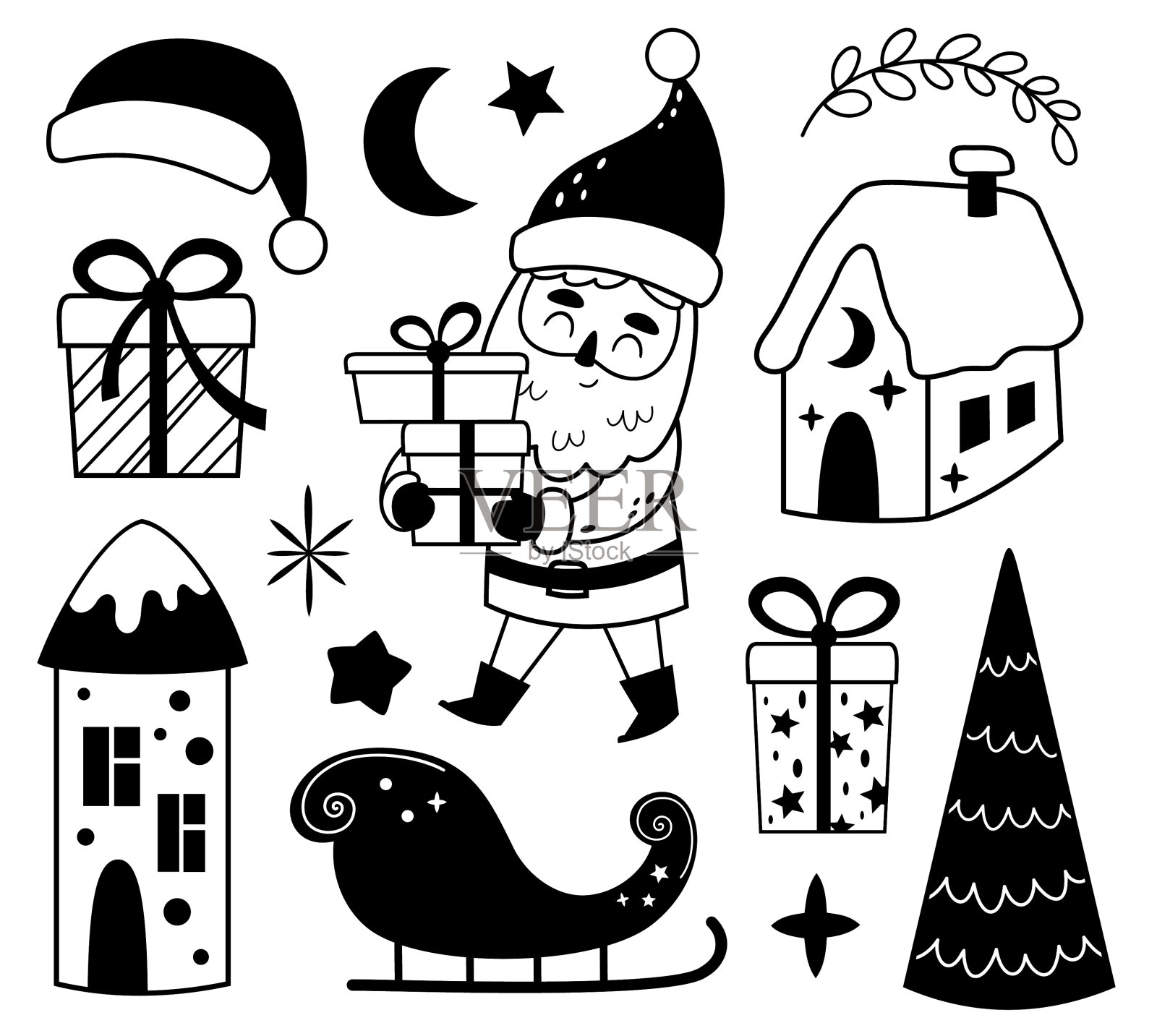 黑白圣诞剪贴画与可爱的圣诞老人，冬天的房子，礼物，新年元素在平面风格。插画图片素材