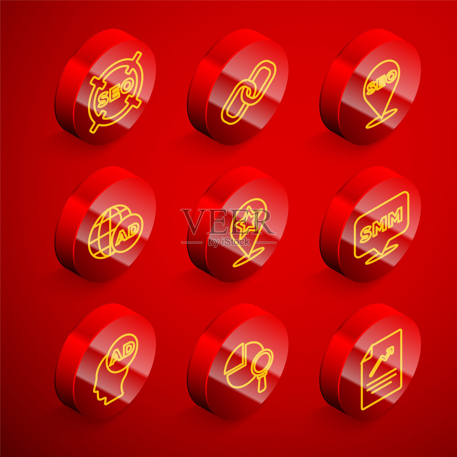 设置线SEO优化，链接，广告，地图指针与星星，社交媒体营销，放大镜和分析图标。向量插画图片素材