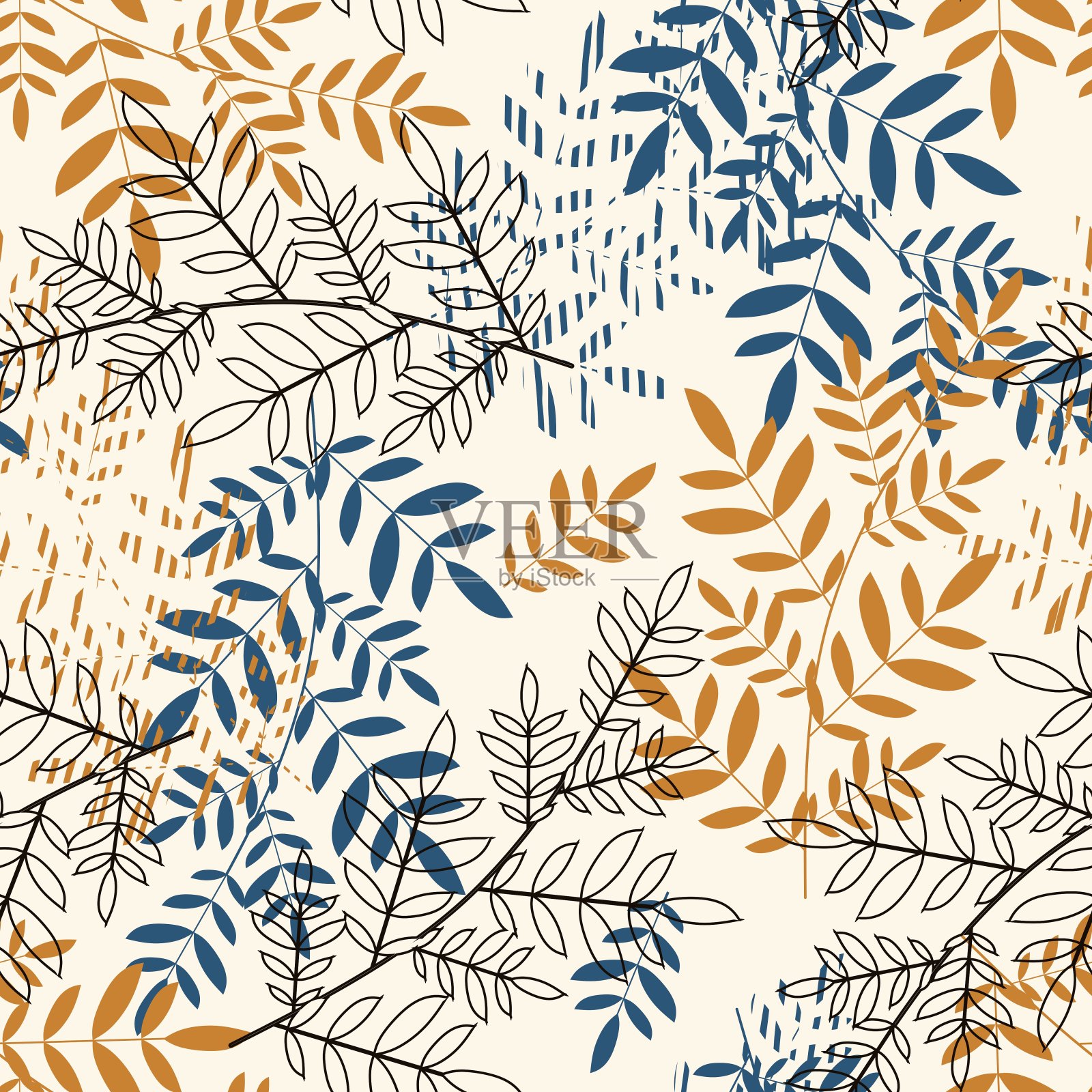 无缝涂鸦图案与复古叶素描。插画图片素材