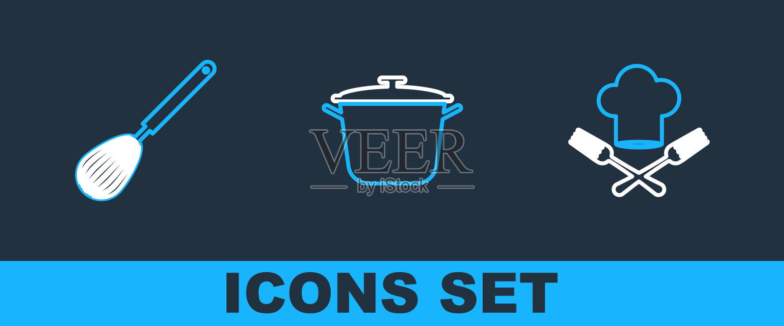 设置线厨师帽子和叉子，厨房打蛋器和烹饪锅图标。向量插画图片素材