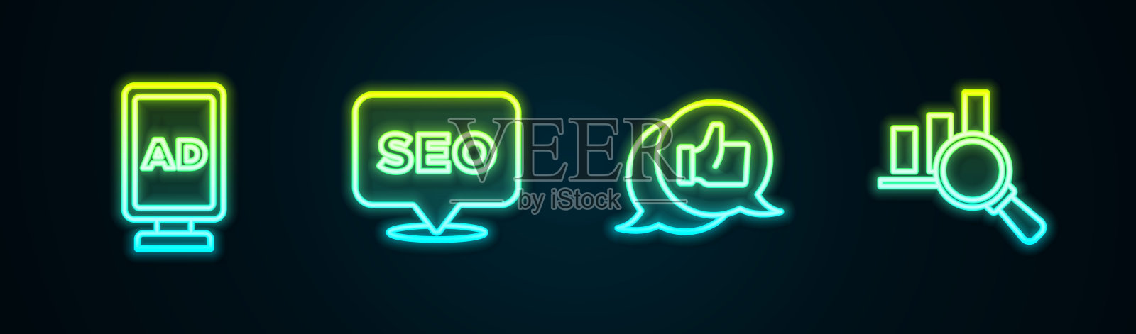 设置线上广告，SEO优化，客户产品评级，放大镜和分析。发光的霓虹灯图标。向量插画图片素材