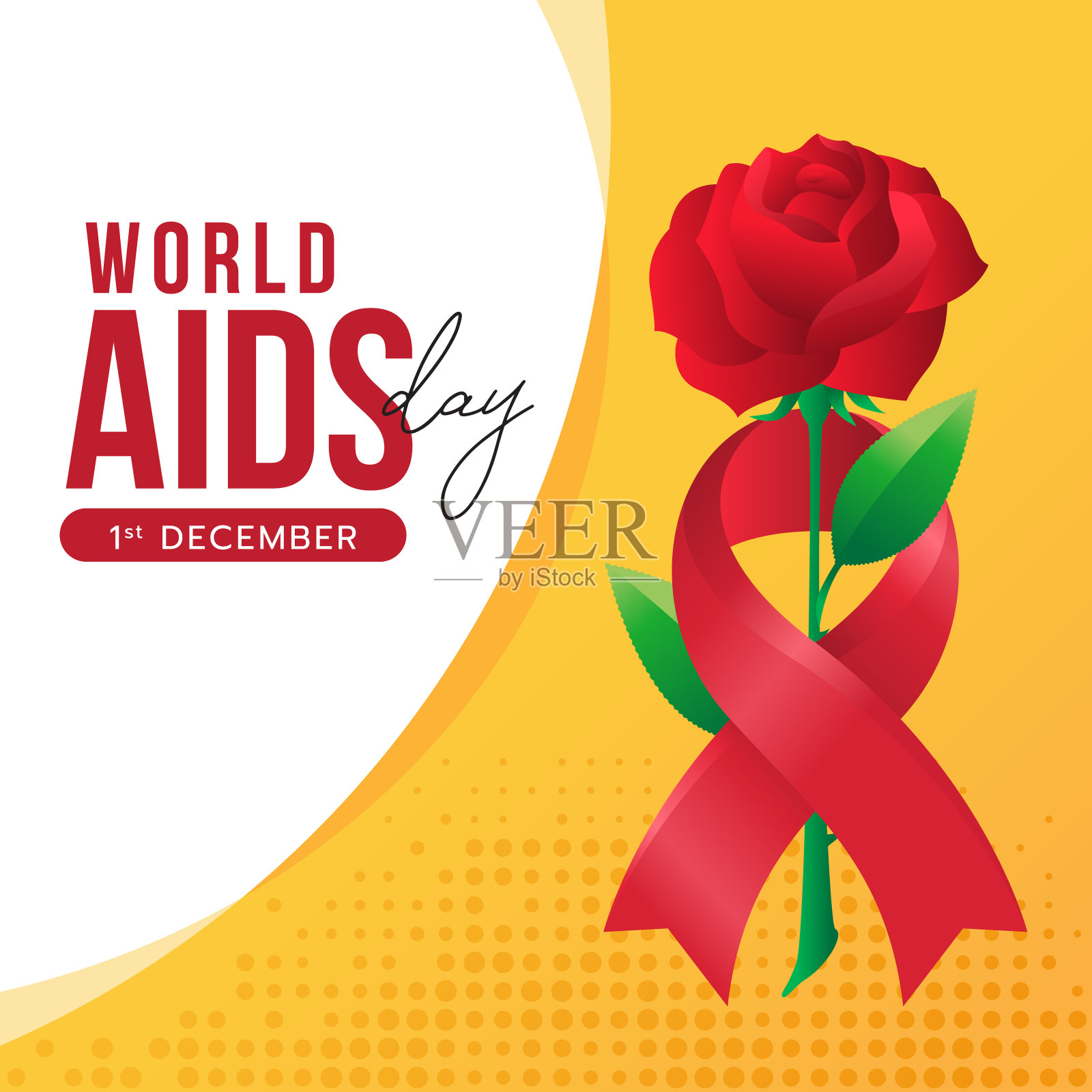 世界艾滋病日-红丝带标志十字红玫瑰花在黄色点纹理背景矢量设计插画图片素材