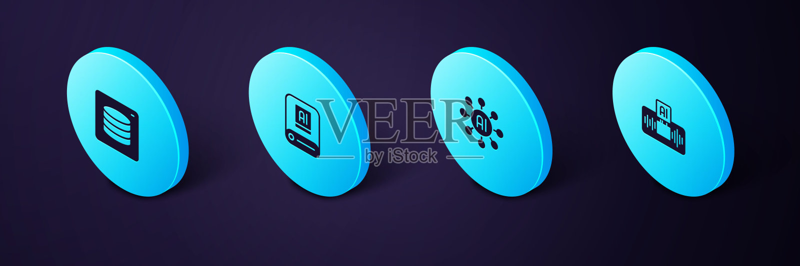 设置等距人工智能AI，神经网络和服务器，数据图标。向量插画图片素材