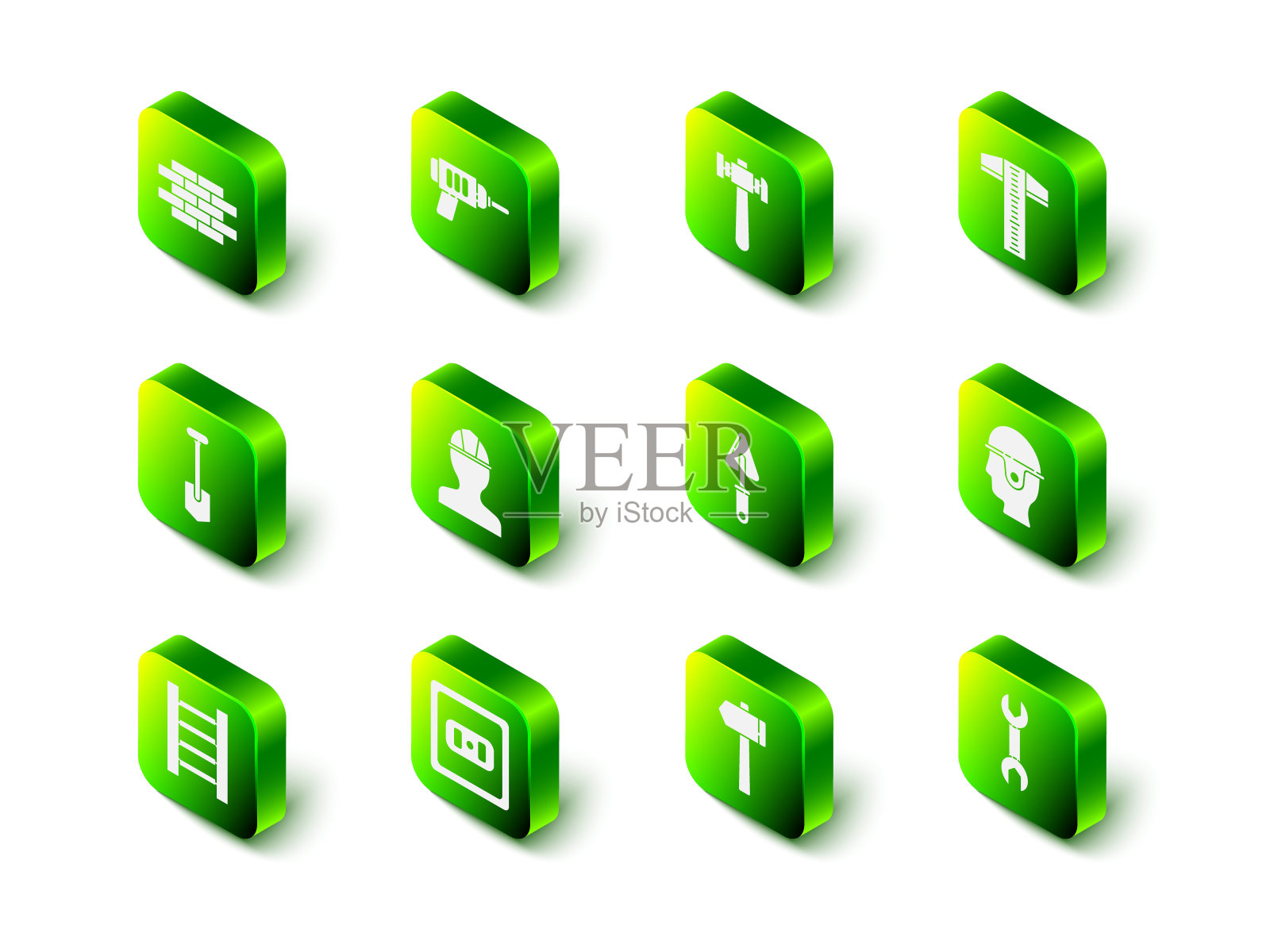 设置电钻、锤子、丁字线、工人安全帽、扳手、镘刀、电源插座图标。向量插画图片素材