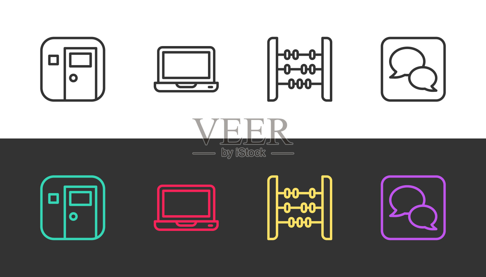 设置线学校教室，笔记本电脑，珠算和语音泡沫聊天黑色和白色。向量插画图片素材