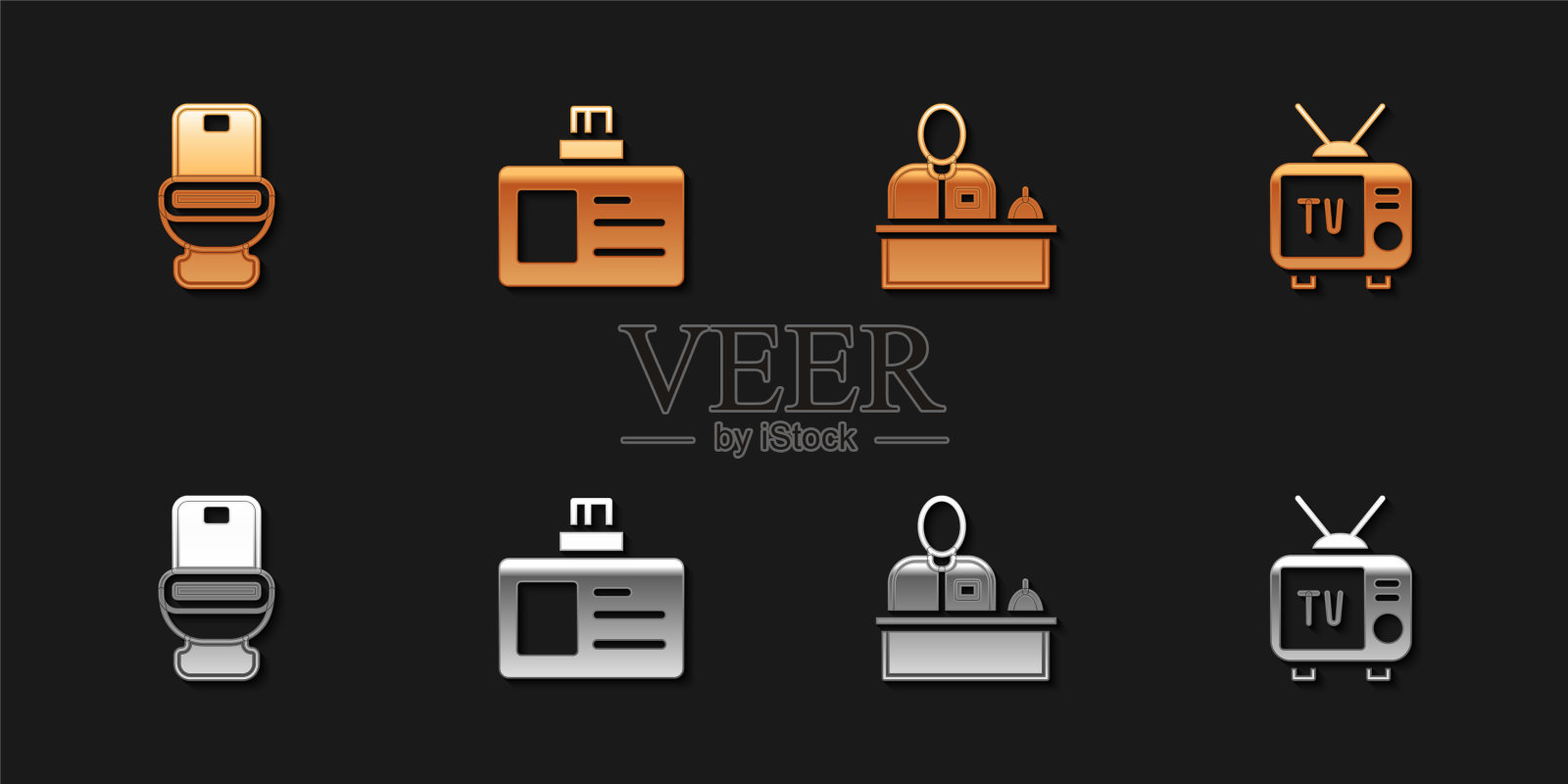 设置马桶，身份标识，酒店前台和复古电视图标。向量插画图片素材