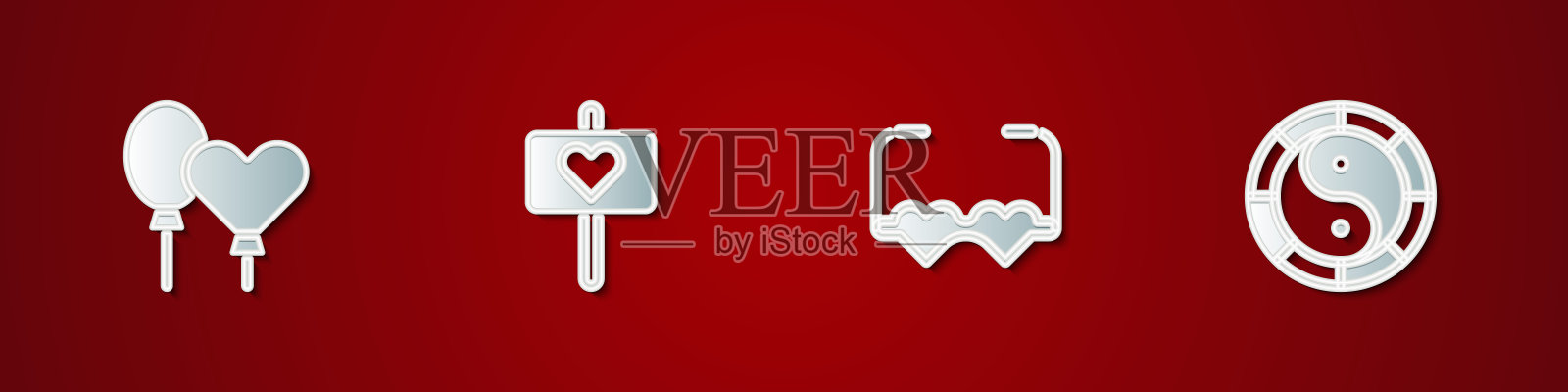 集气球、和平、心形爱情眼镜和阴阳符号icon。向量插画图片素材