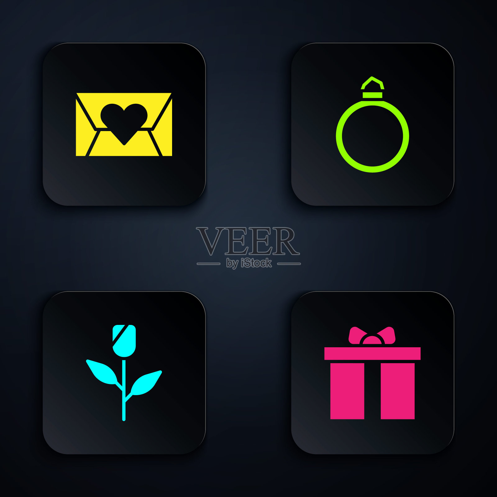 套装礼盒，信封与情人节的心，花玫瑰和钻石订婚戒指。黑色方形按钮。向量插画图片素材