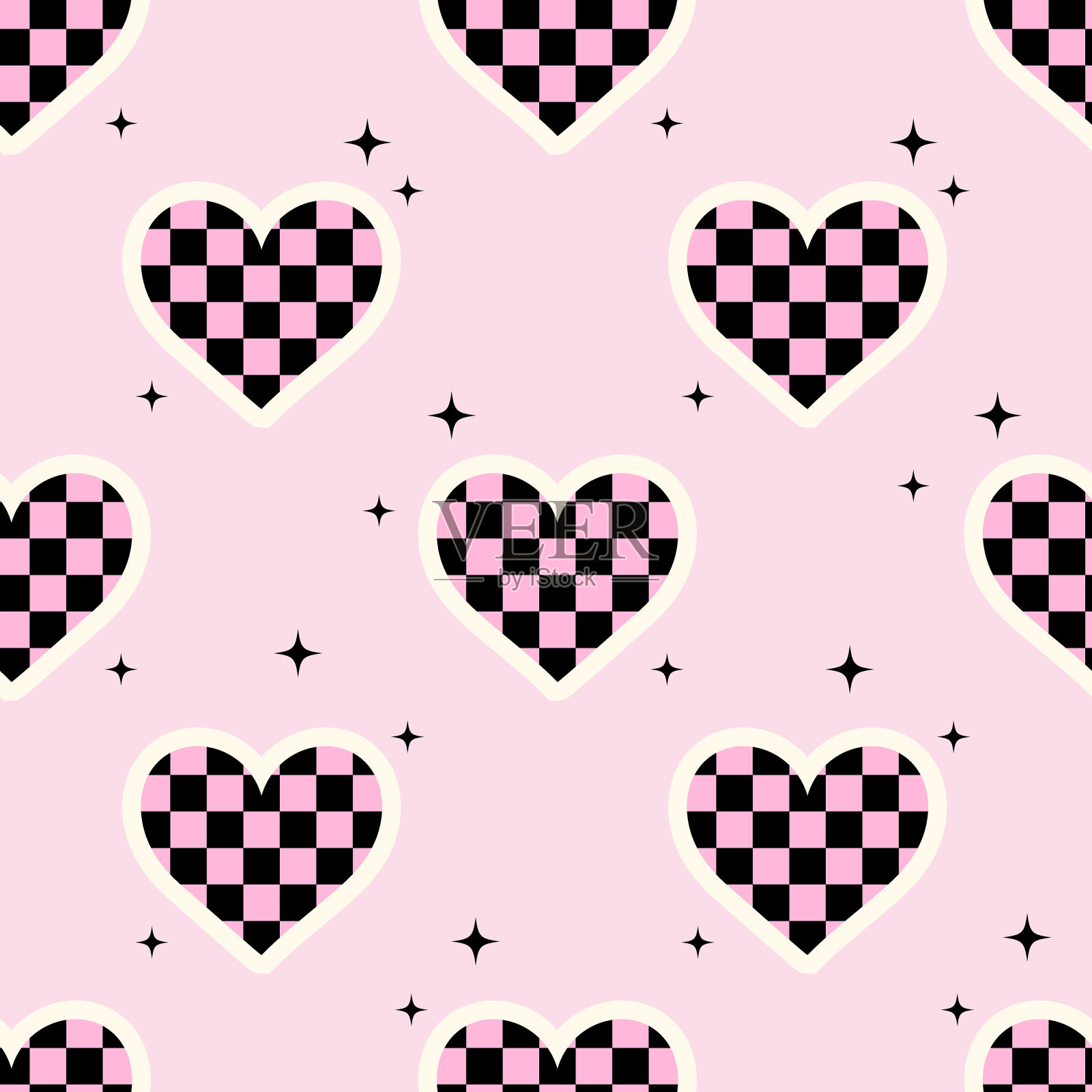 无缝矢量图案与千年虫方格心和星星插画图片素材