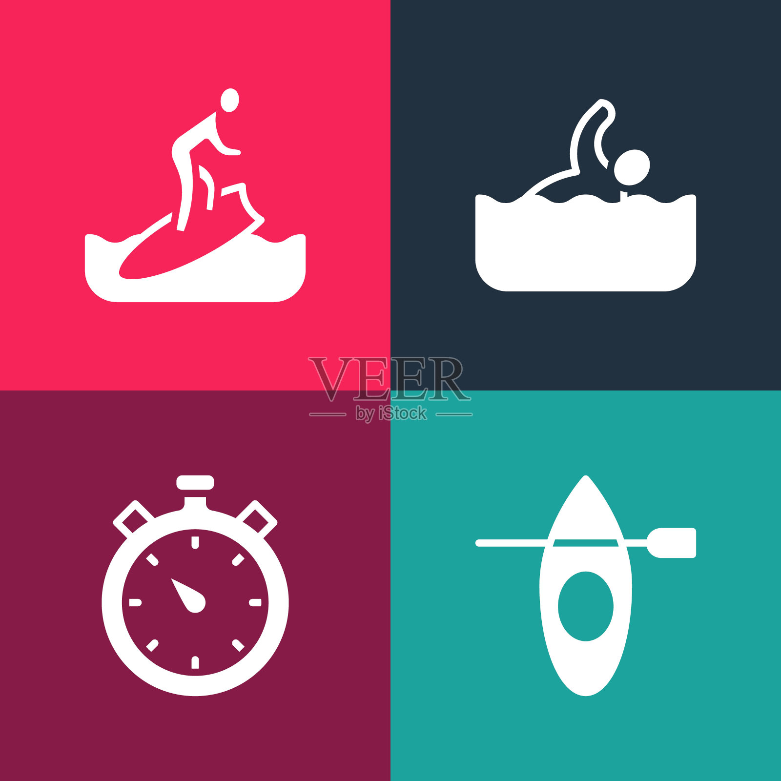 设置流行艺术皮艇和桨，秒表，游泳和冲浪板图标。向量插画图片素材