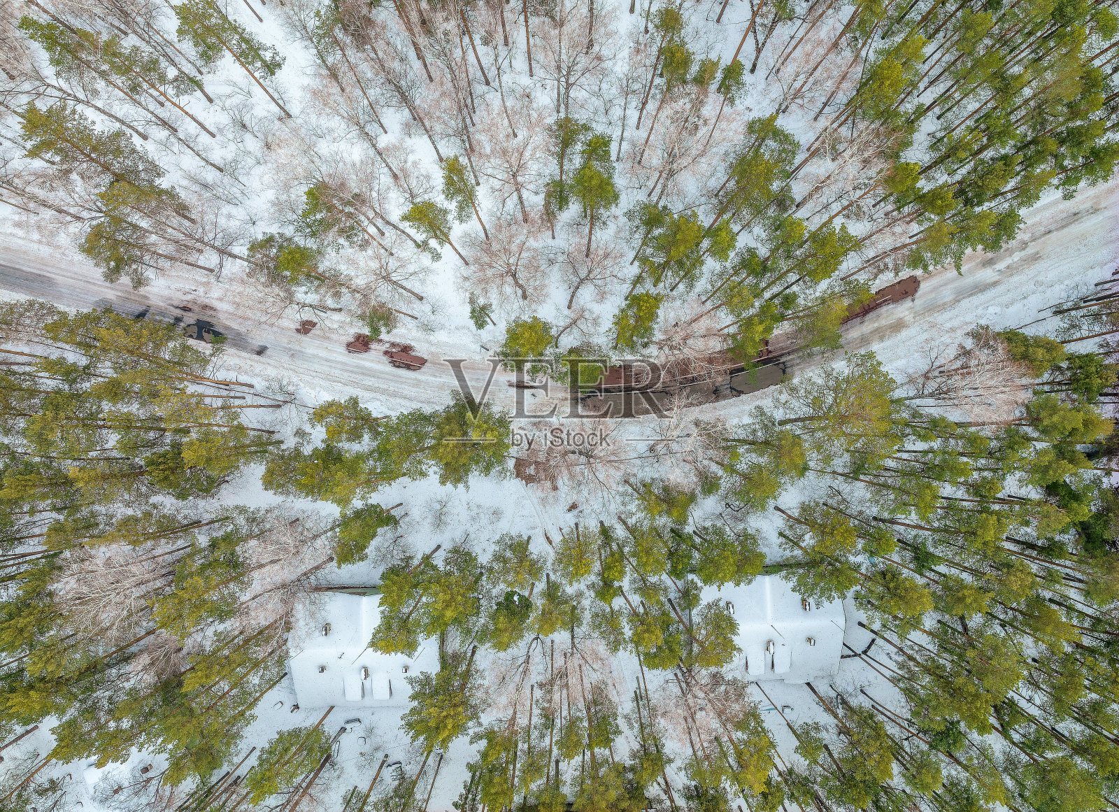 飞越冬天蜿蜒曲折的山路和松林。自顶向下视图。风景摄影照片摄影图片