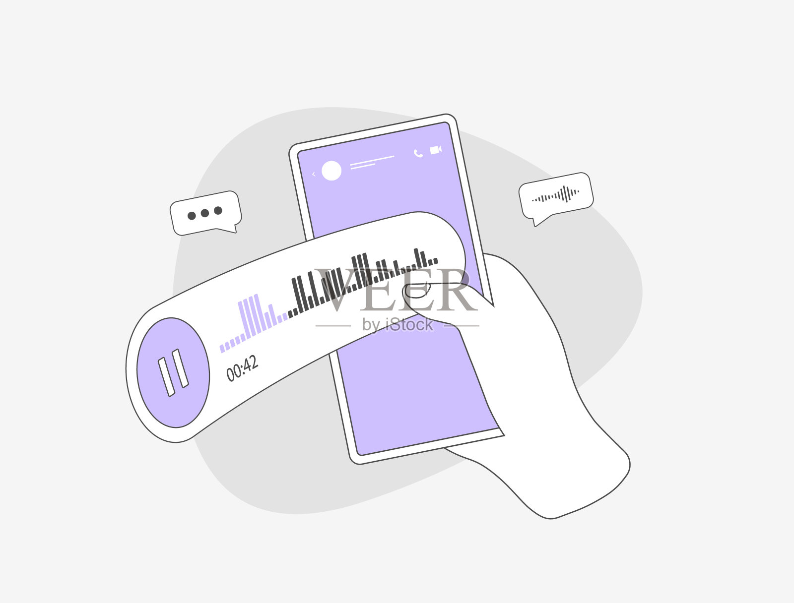 语音信息概念。语音聊天消息，接收事件通知。手持手机与社交网络和声波语音信息。矢量插图隔离在白色背景上插画图片素材