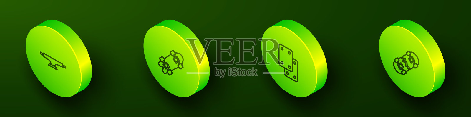 设置等距线滑板轮，长板或滑板，护膝和破碎的图标。向量插画图片素材