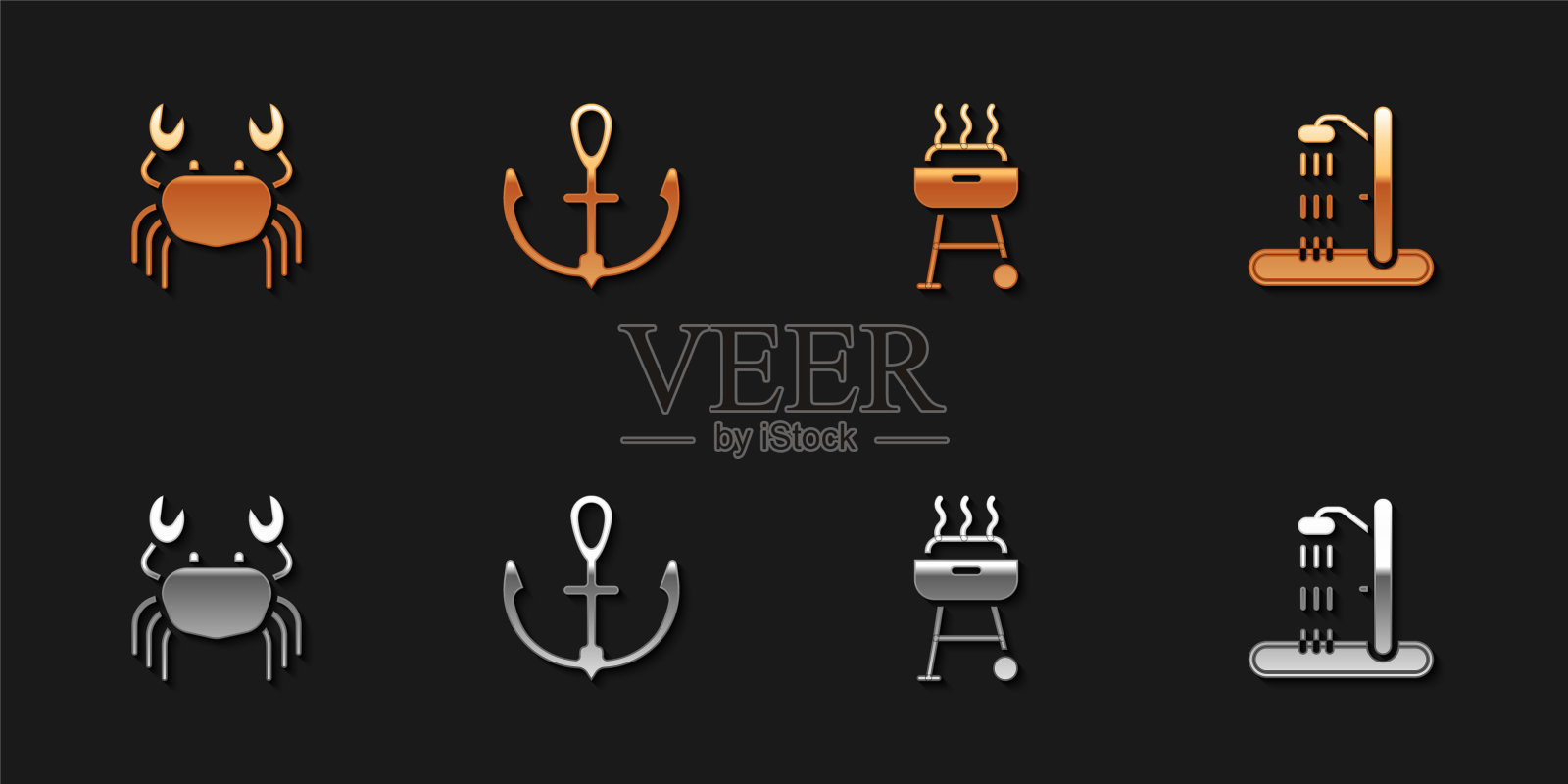 设置螃蟹，锚，烧烤和海滩淋浴图标。向量插画图片素材