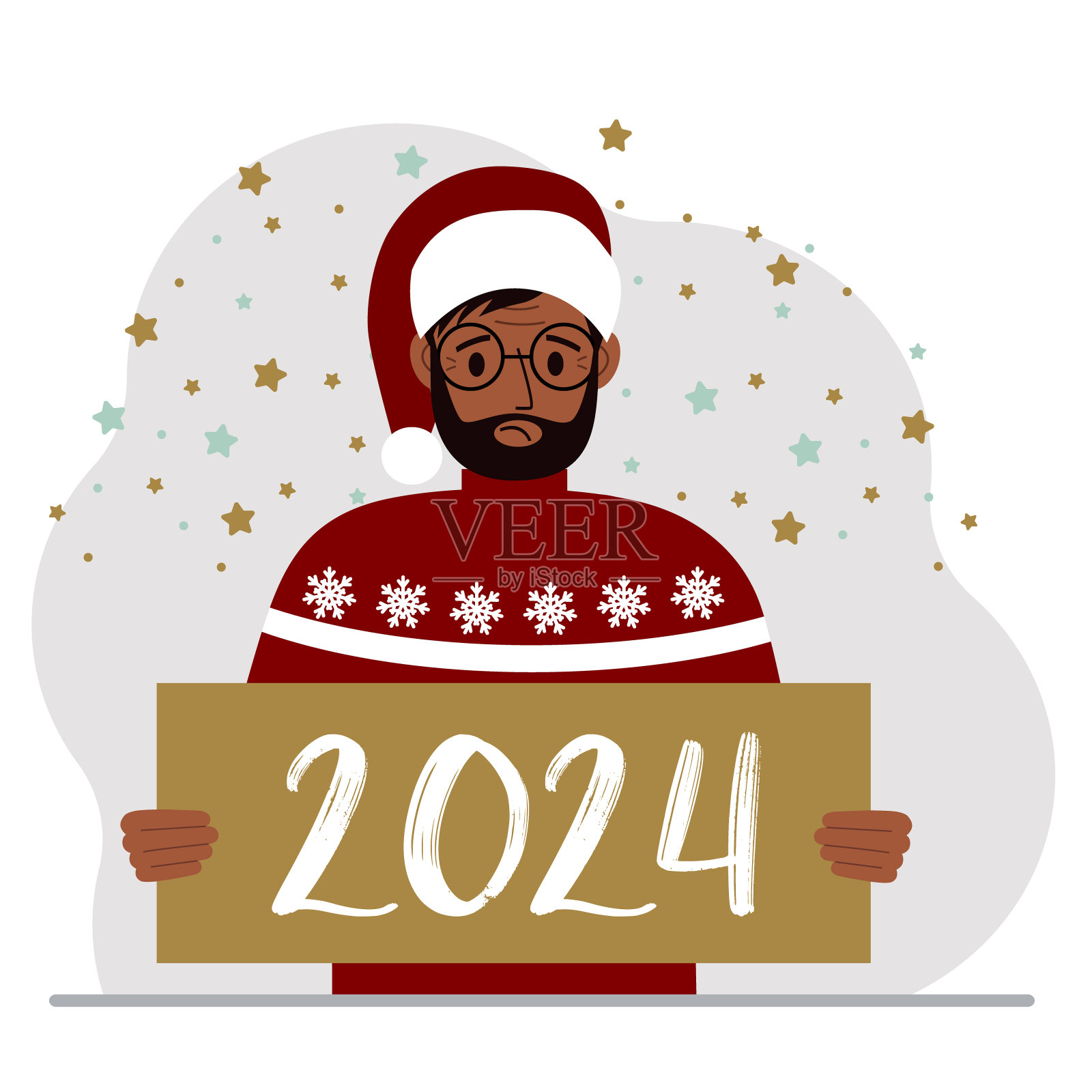 一名戴着红色圣诞帽的男子手持一张“2024年新年快乐”卡片。插画图片素材