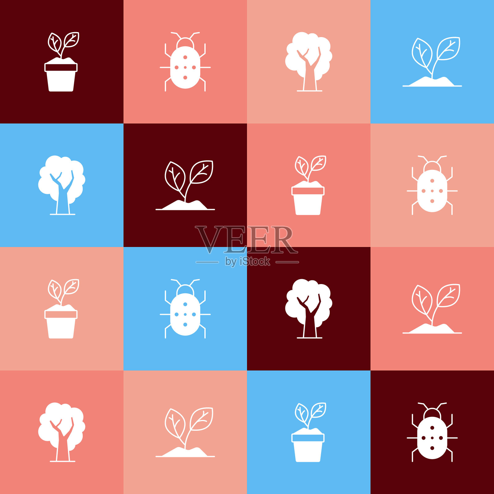 集波普艺术植物在锅，科罗拉多甲虫，树和萌芽图标。向量插画图片素材