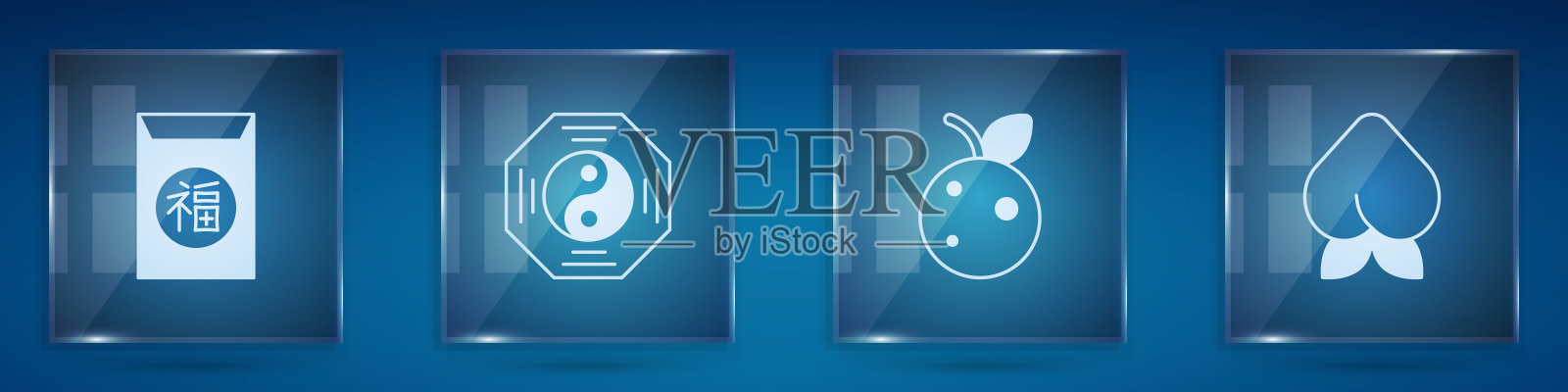 设定春节，阴阳象征，桃果和油桃。方形玻璃板。向量插画图片素材