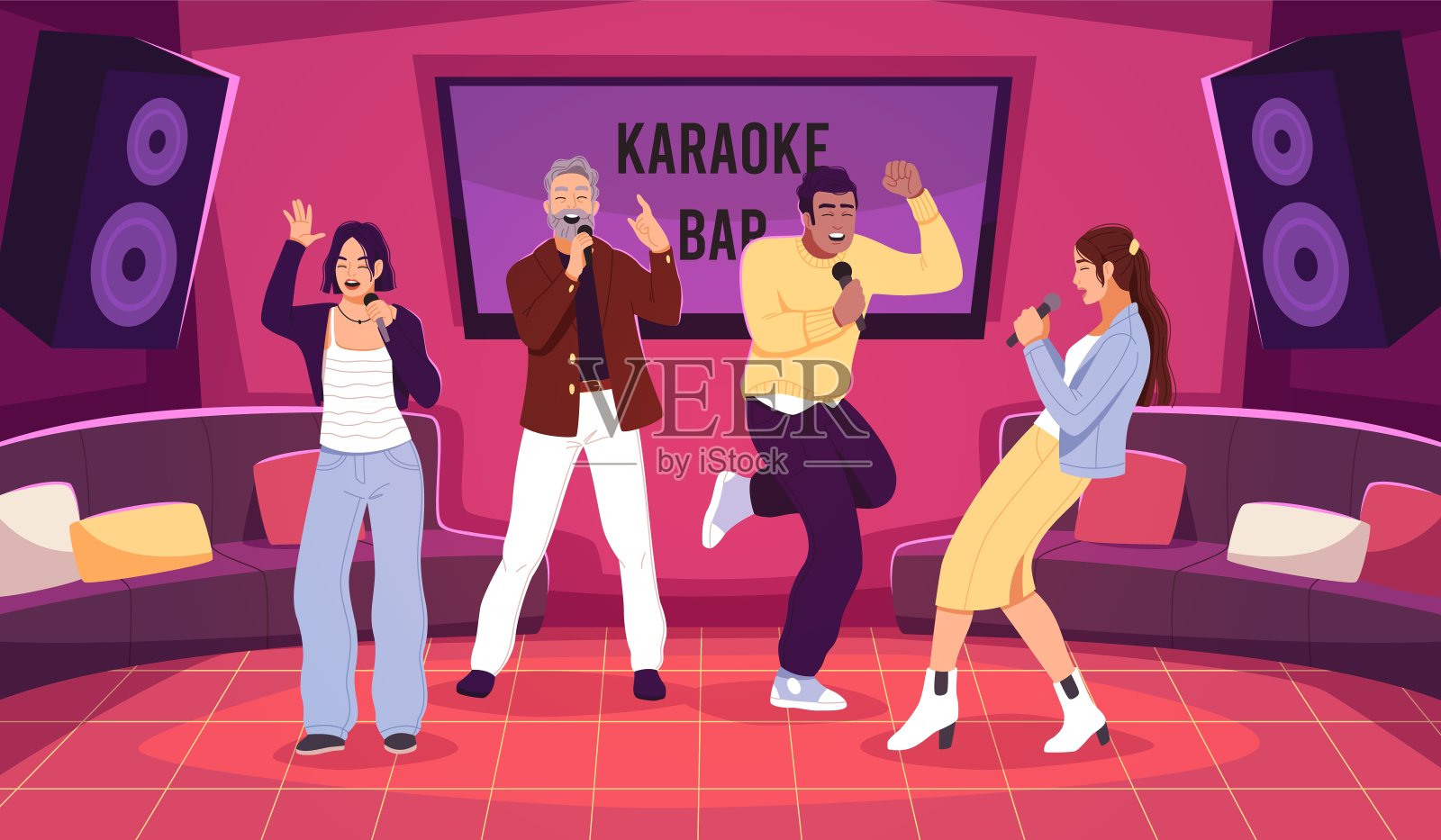 卡拉ok俱乐部里快乐的人们。朋友群对着麦克风唱歌，酒吧里的人声大战，业余歌手的音乐派对，娱乐节目，卡通平面孤立，矢量概念整洁插画图片素材