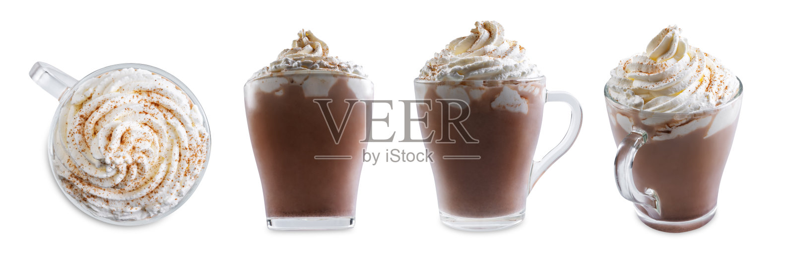 热黑巧克力鸡尾酒或可可与鲜奶油为圣诞假期在白色孤立的背景照片摄影图片