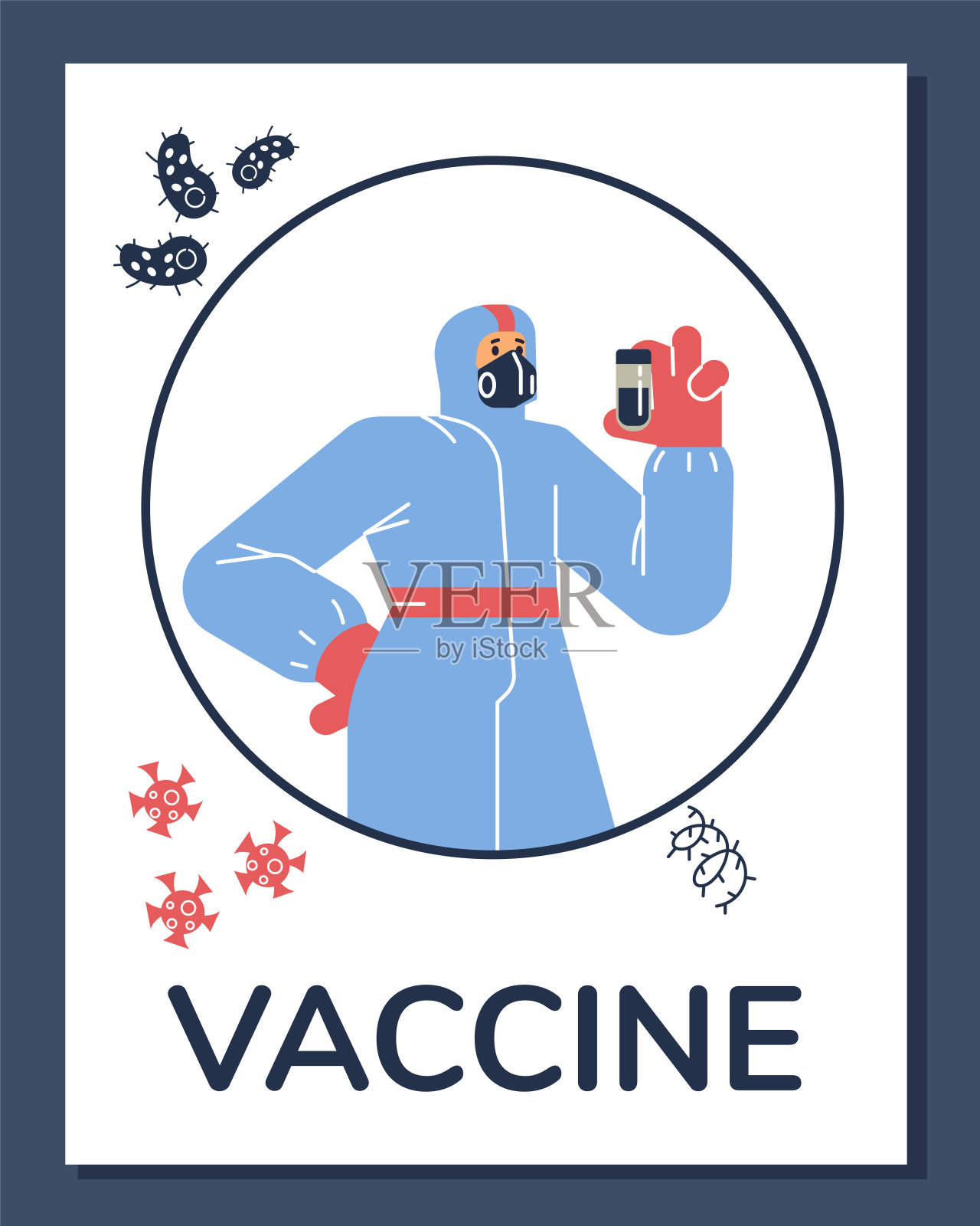 病毒学家穿着制服和口罩，带着疫苗管，接种疫苗，卫生保健和保护，媒介免疫海报插画图片素材