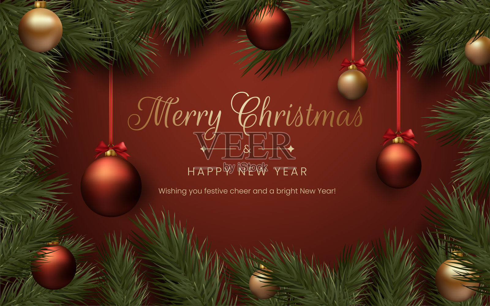 圣诞快乐，现实的红色和金色的球，松树树枝，和节日的装饰。这种优雅的设计适用于节日贺卡，请柬和横幅。不是人工智能生成的插画图片素材