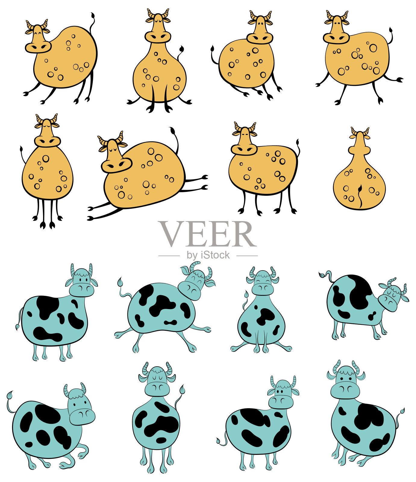 一套农场动物手绘。插图奶牛的姿势孤立在白色。可爱的设计涂鸦风格。插画图片素材