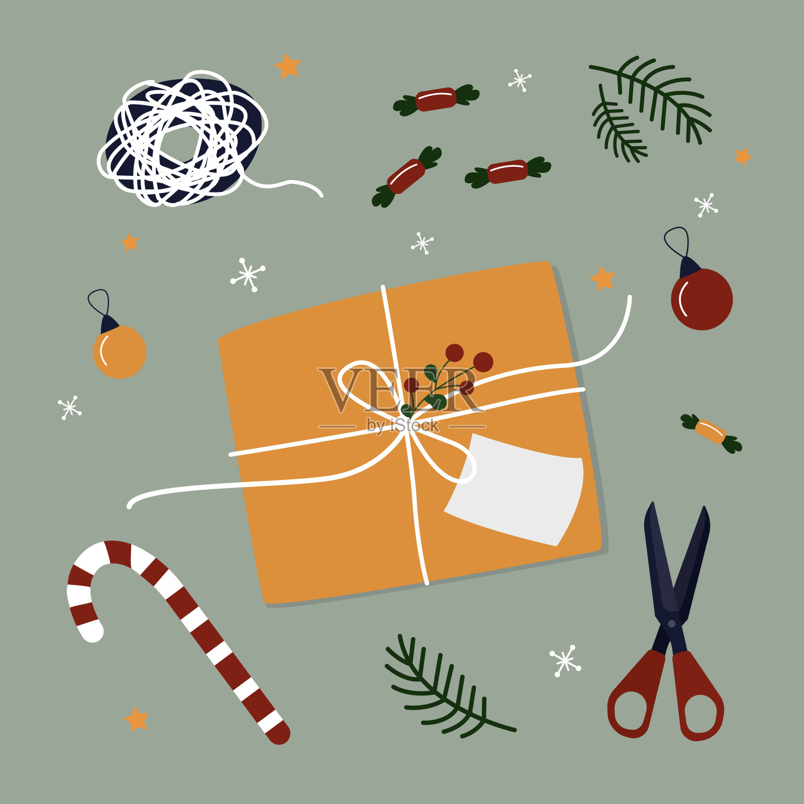 圣诞礼物包装过程。包装，礼品盒用包装纸，各种工具和糖果在桌子上。前视图。准备圣诞节和新年庆祝活动。插画图片素材