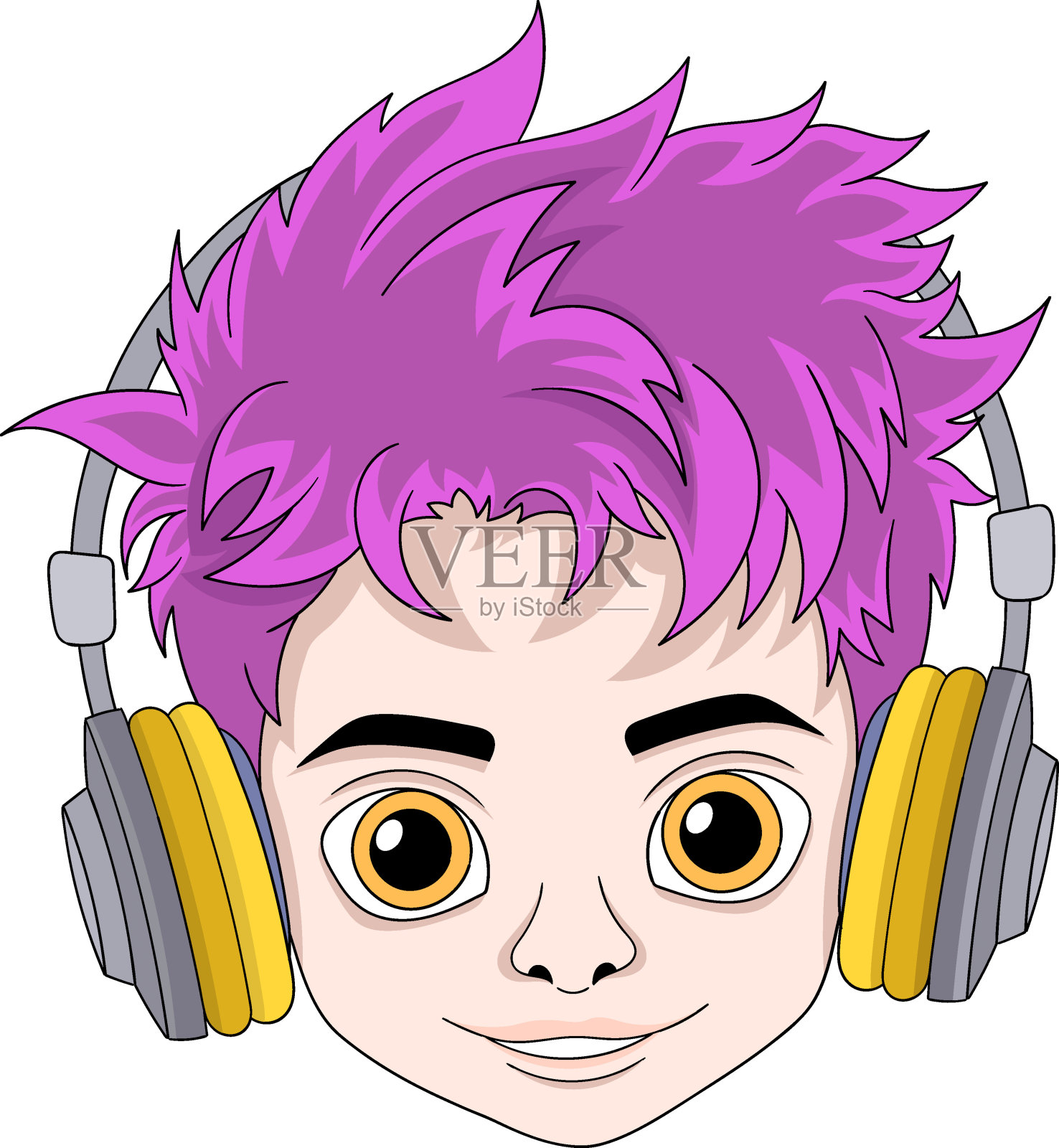 卡通标志的一个英俊的男孩头戴耳机插画图片素材