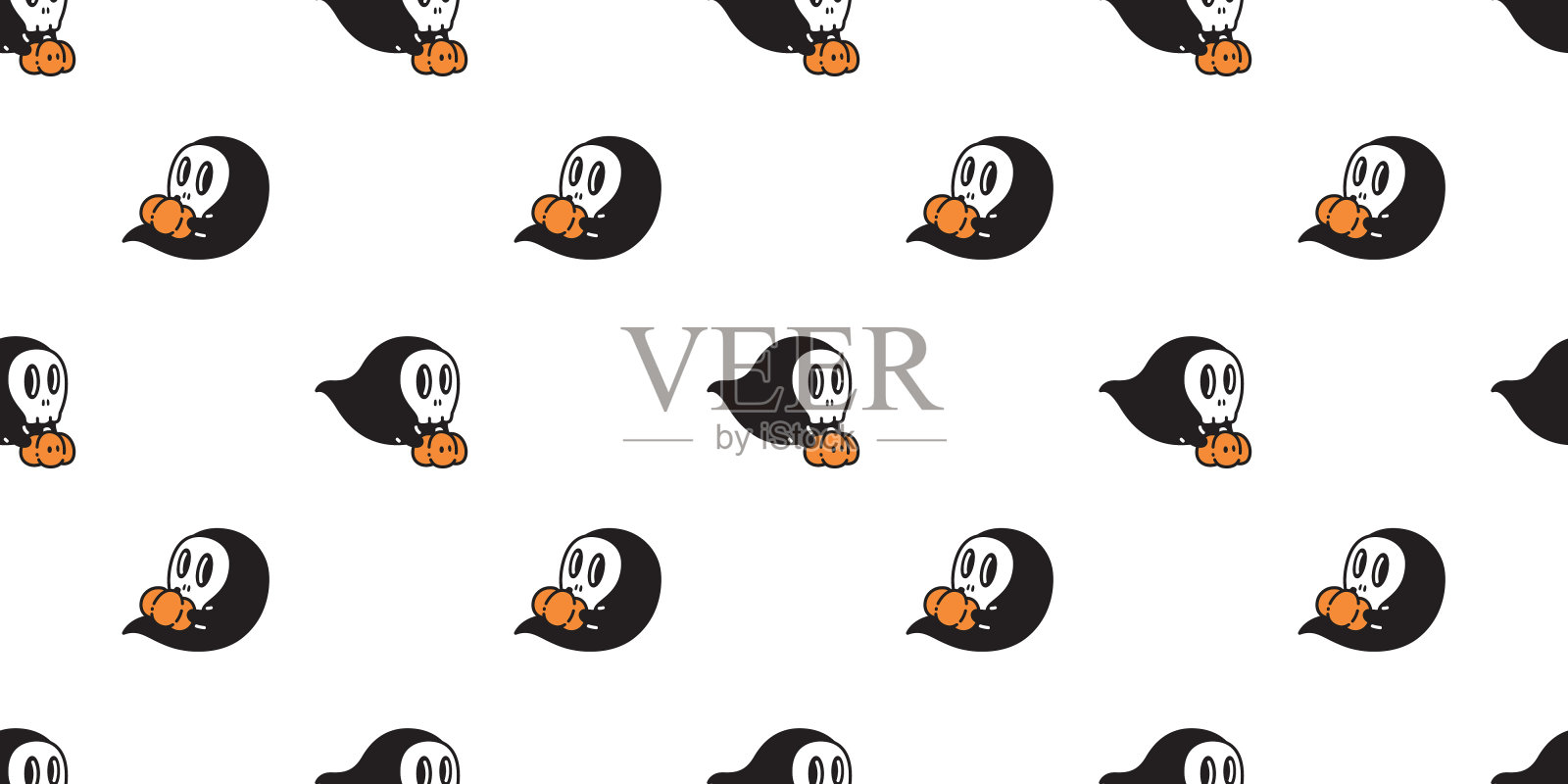 幽灵无缝图案万圣节幽灵骷髅脸南瓜灯矢量卡通涂鸦礼品包装纸瓷砖背景重复壁纸围巾孤立的魔鬼邪恶的插图设计插画图片素材