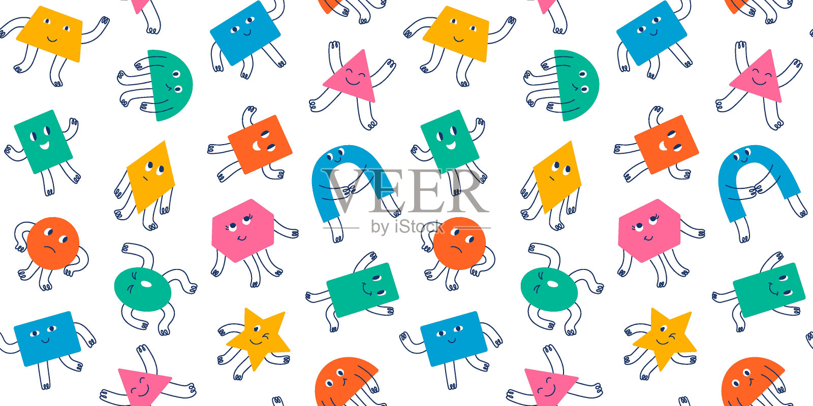 无缝图案不同的时髦多彩的基本几何图形与面部情绪，手和腿手绘风格。为孩子们涂鸦平面插图。用于纺织品、包装纸、背景。插画图片素材