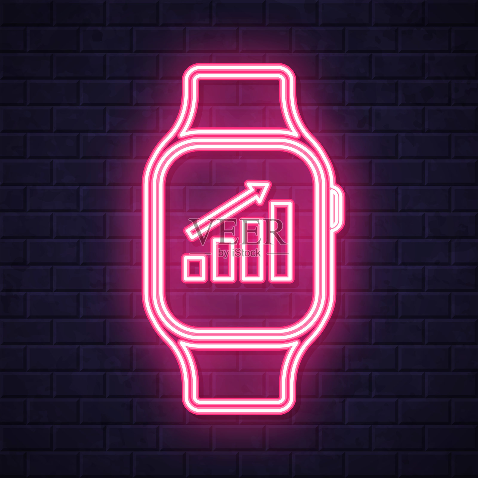 智能手表上的增长图表。在砖墙背景上发光的霓虹灯图标插画图片素材