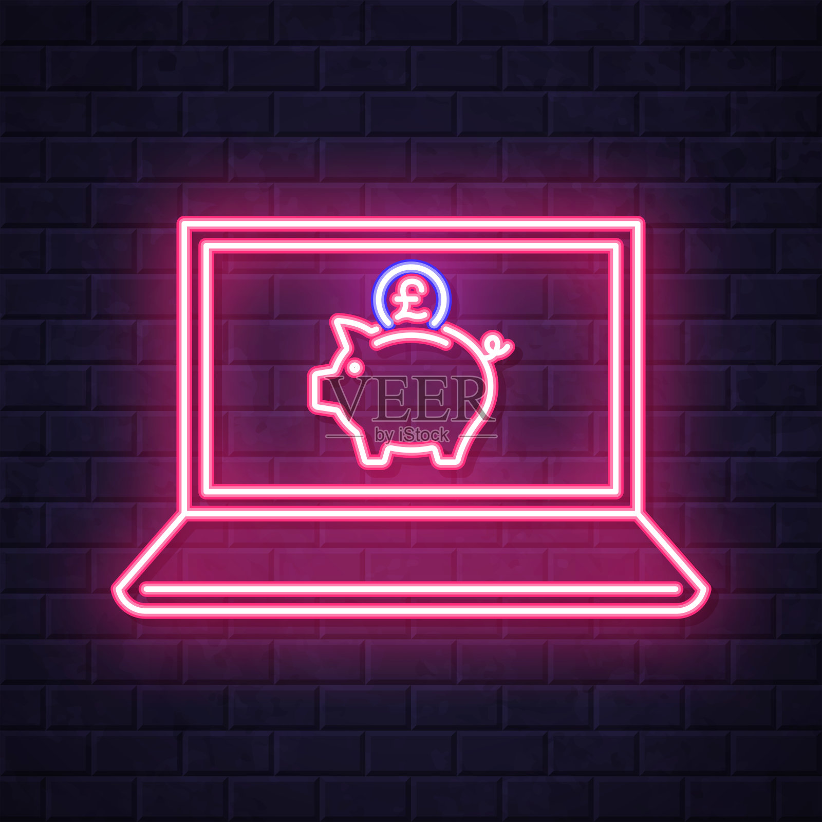 用笔记本电脑节省英镑。在砖墙背景上发光的霓虹灯图标插画图片素材