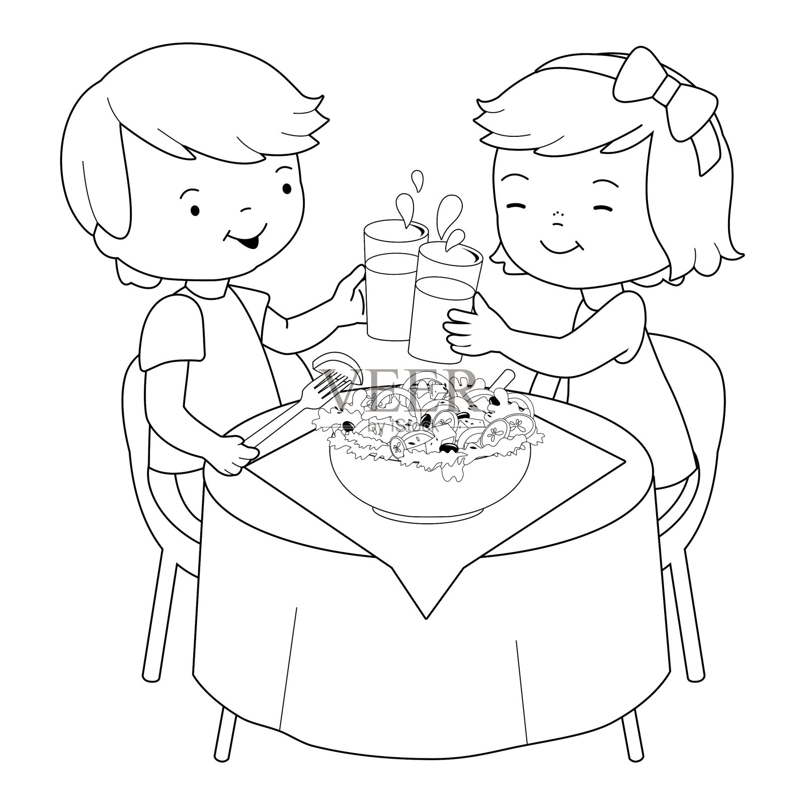 孩子们在餐桌上吃着健康的食物。孩子们在餐厅吃着一碗沙拉。矢量黑白着色页。插画图片素材