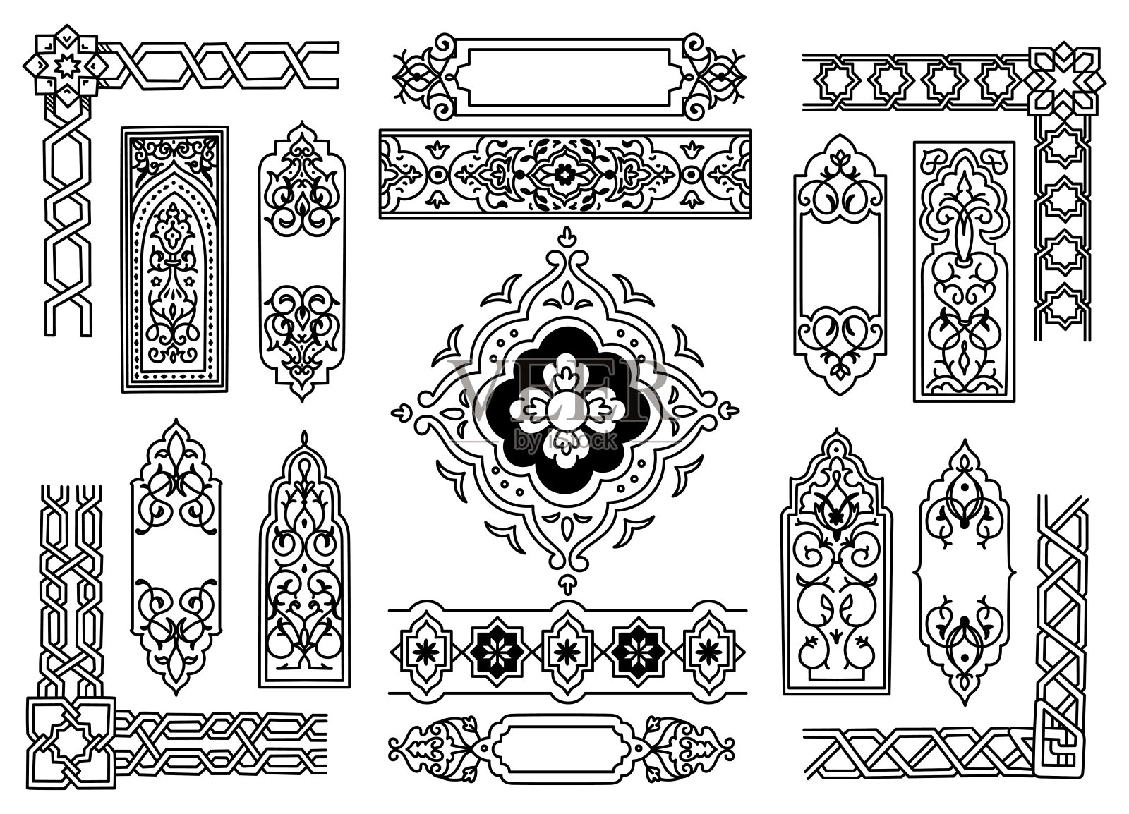 一套伊斯兰镶边及装饰元素，装饰设计插画图片素材