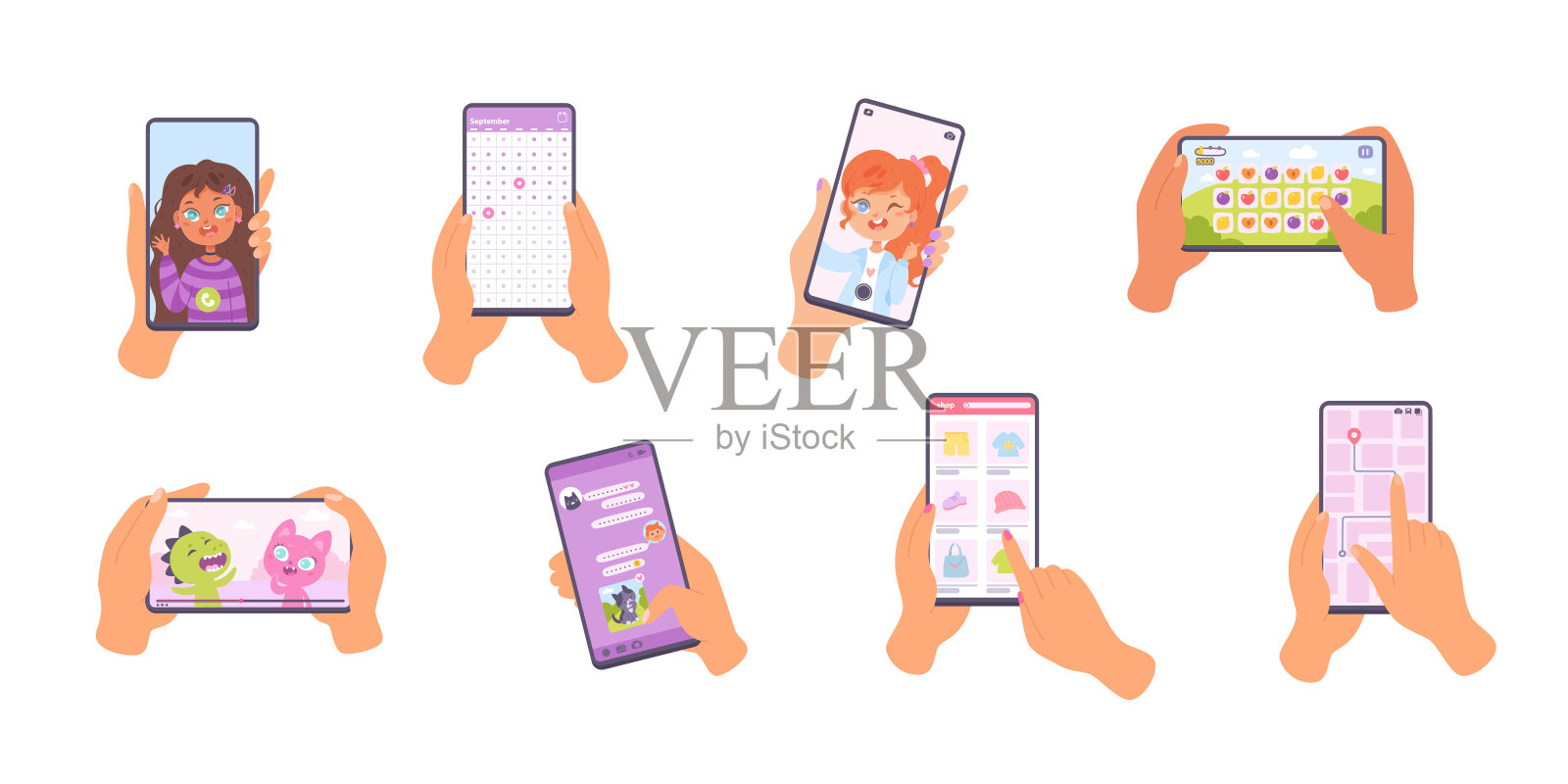 手持不同屏幕手机合集：触摸智能手机显示屏插画图片素材