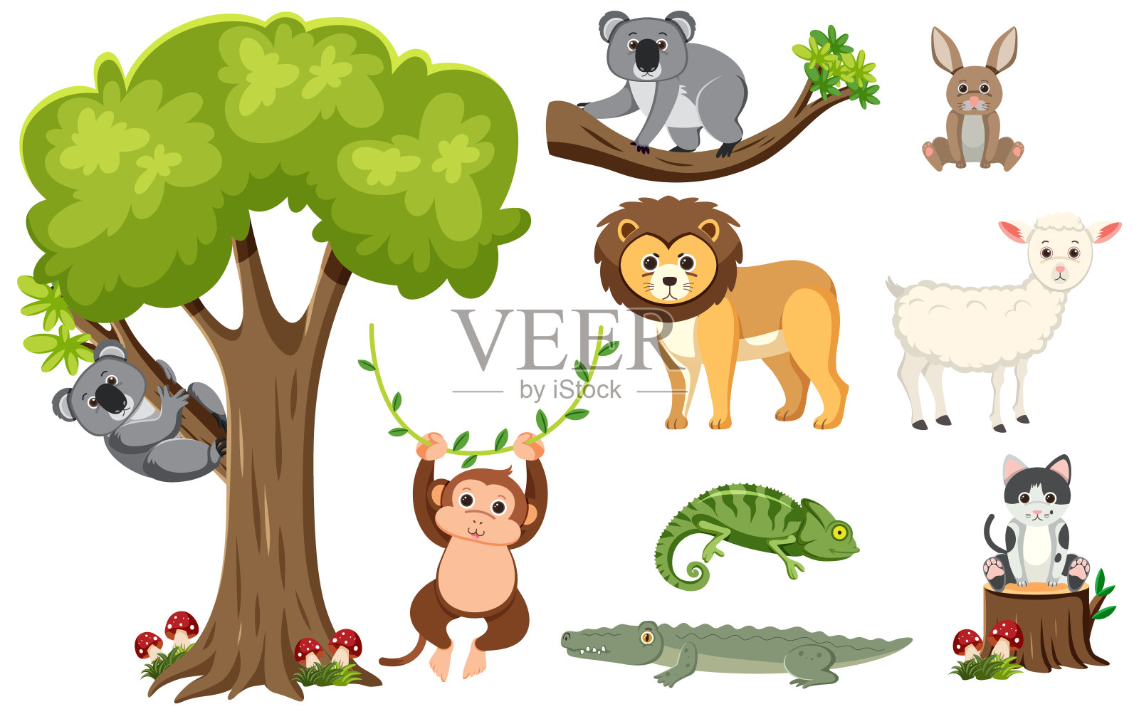 孤立的野生动物和一棵树插画图片素材