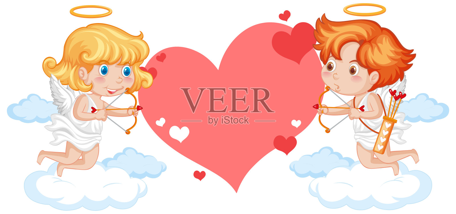 两个天使手持心箭与空白的心旗插画图片素材