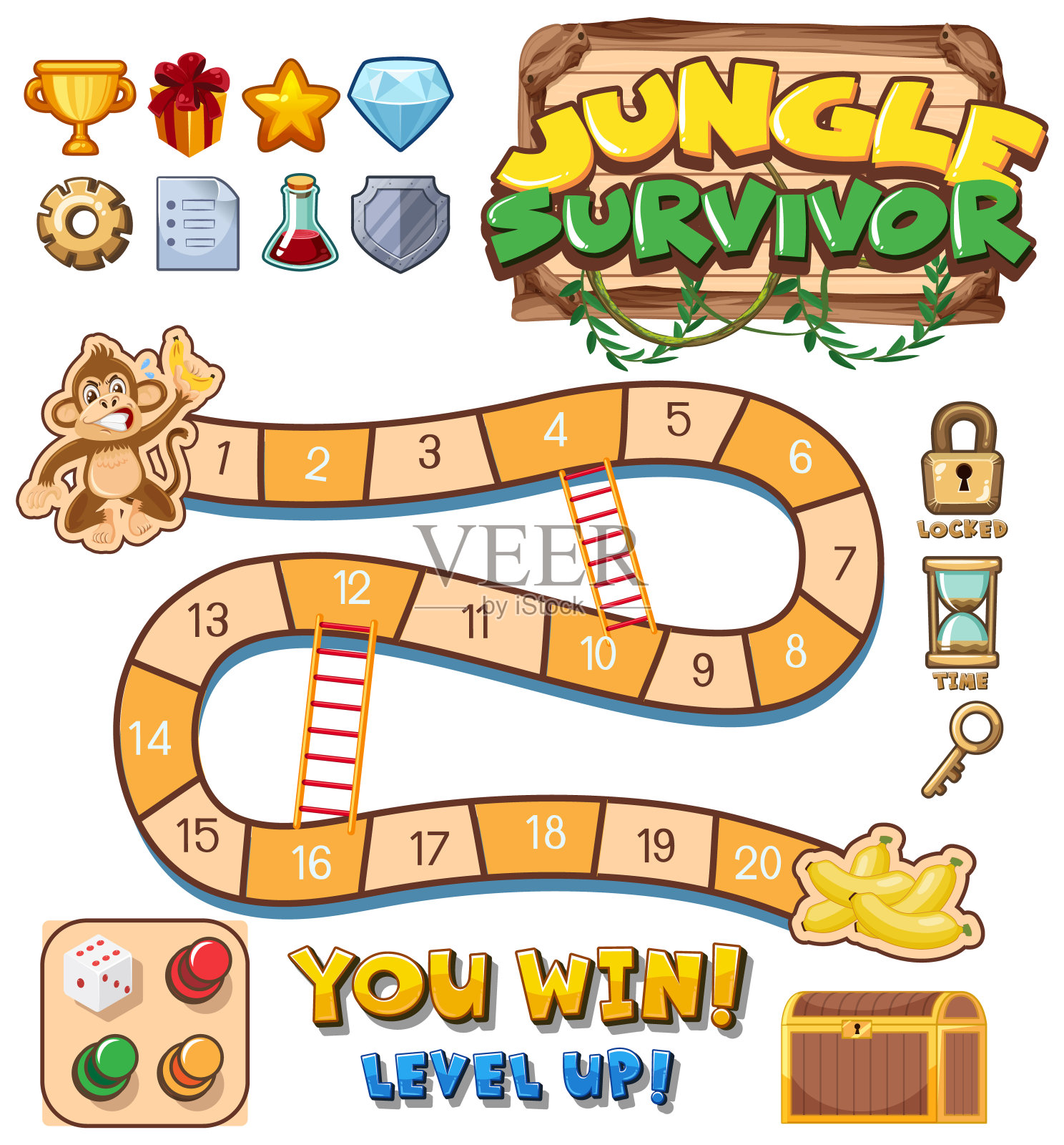 丛林冒险:蛇和梯子游戏模板插画图片素材