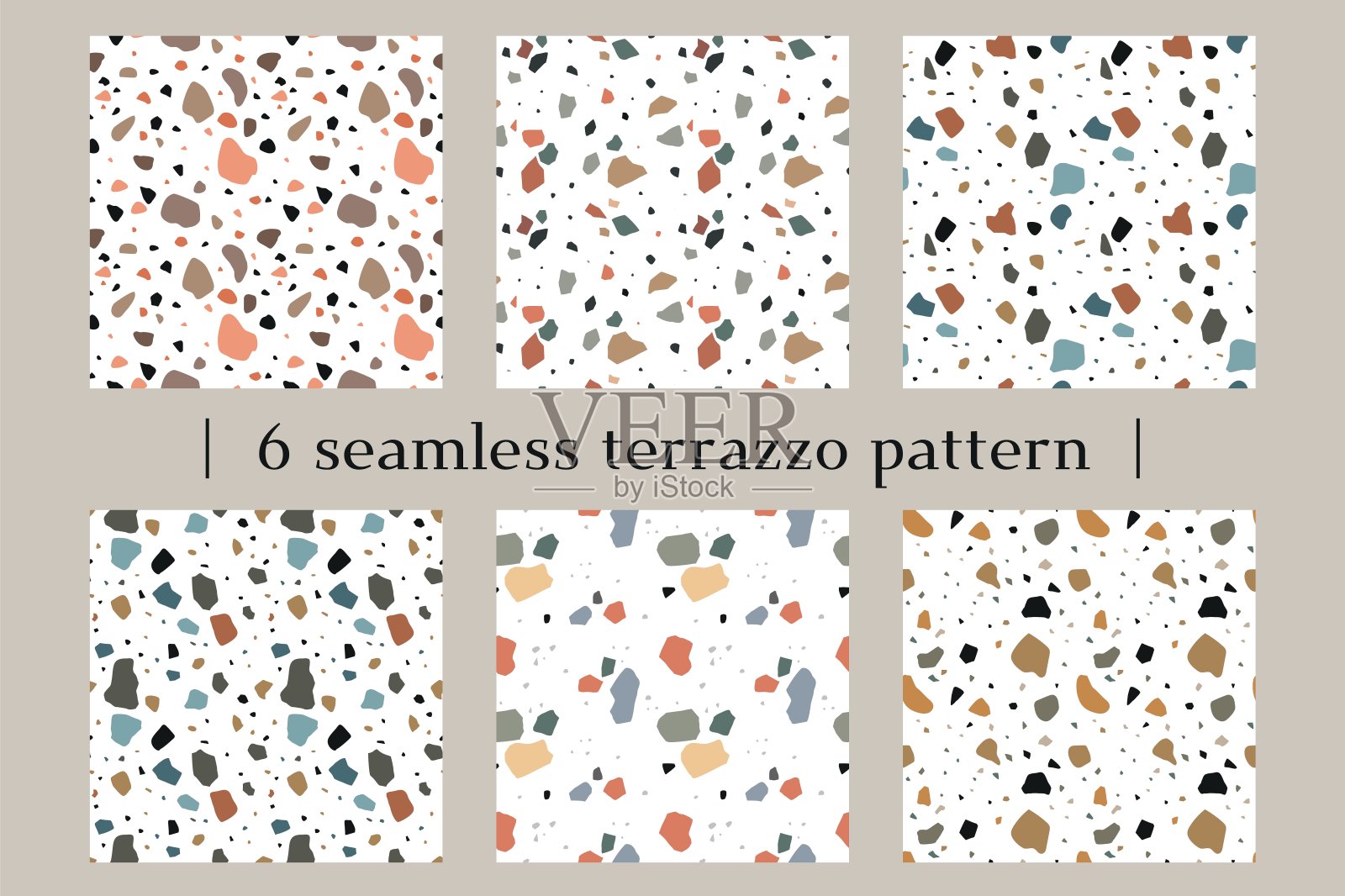 水磨石无缝图案。重复花岗岩纹理。仿天然石材。时尚的意大利设计。抽象的粒子。墙面和地砖。马赛克混凝土。格里什向量集插画图片素材