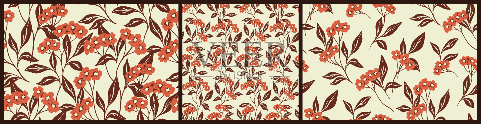 无缝的花卉图案，复古的设计与盛开的花朵在收集树枝。矢量插图。插画图片素材