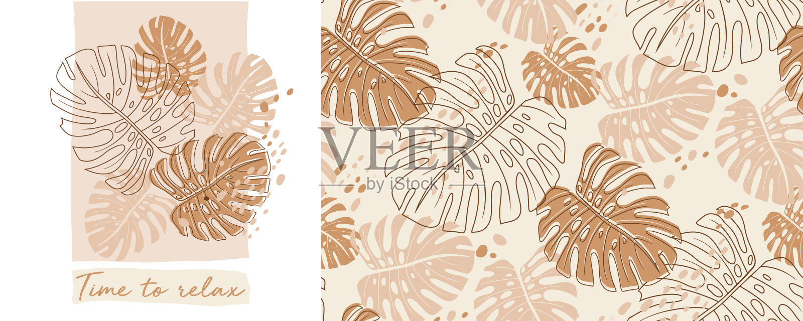 现代热带图案与怪物灌木在实用中性色调的米色插画图片素材