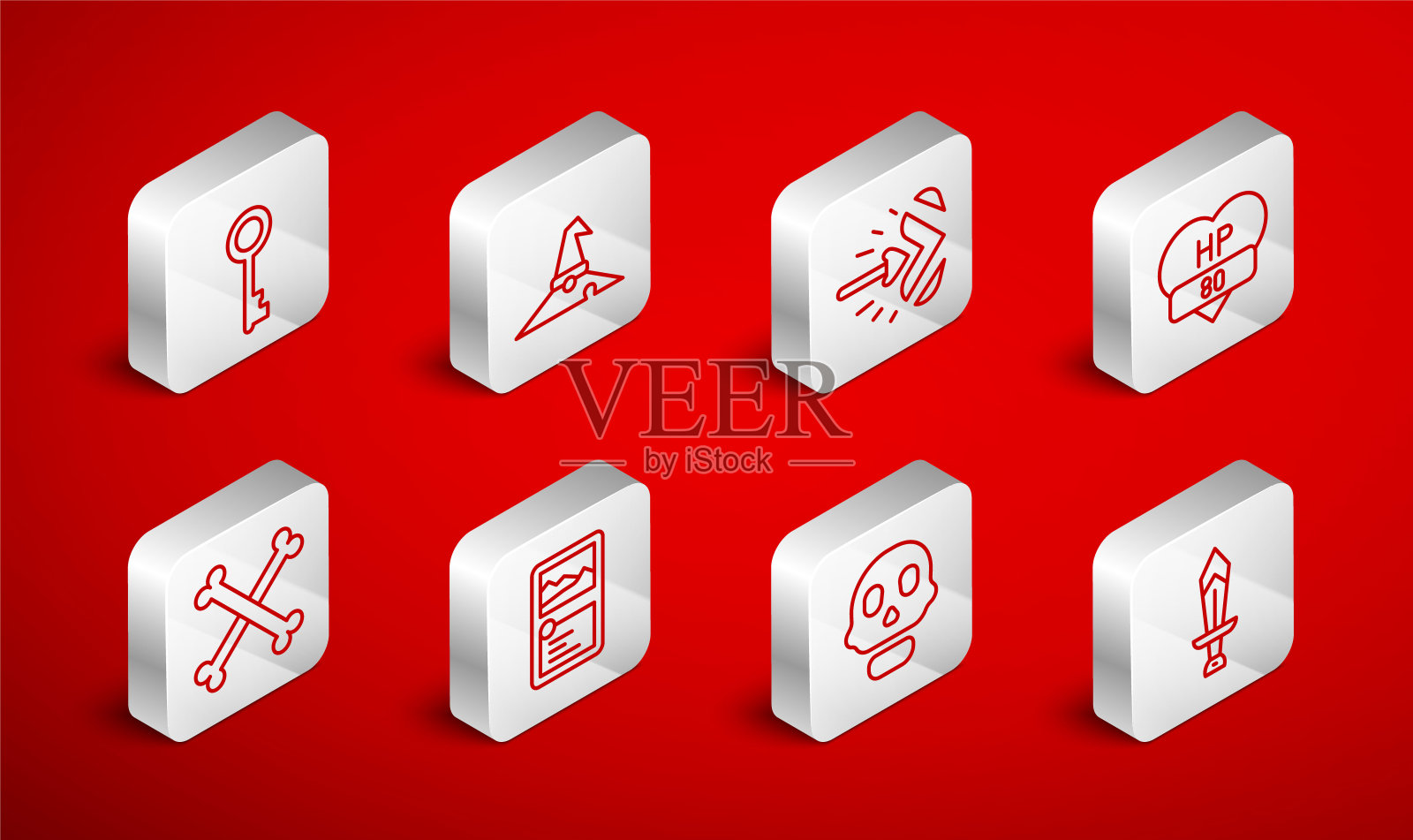 设置线剑为游戏，女巫帽，魔术箭头，视频条，头骨，旧钥匙，卡收集和交叉人骨图标。向量插画图片素材