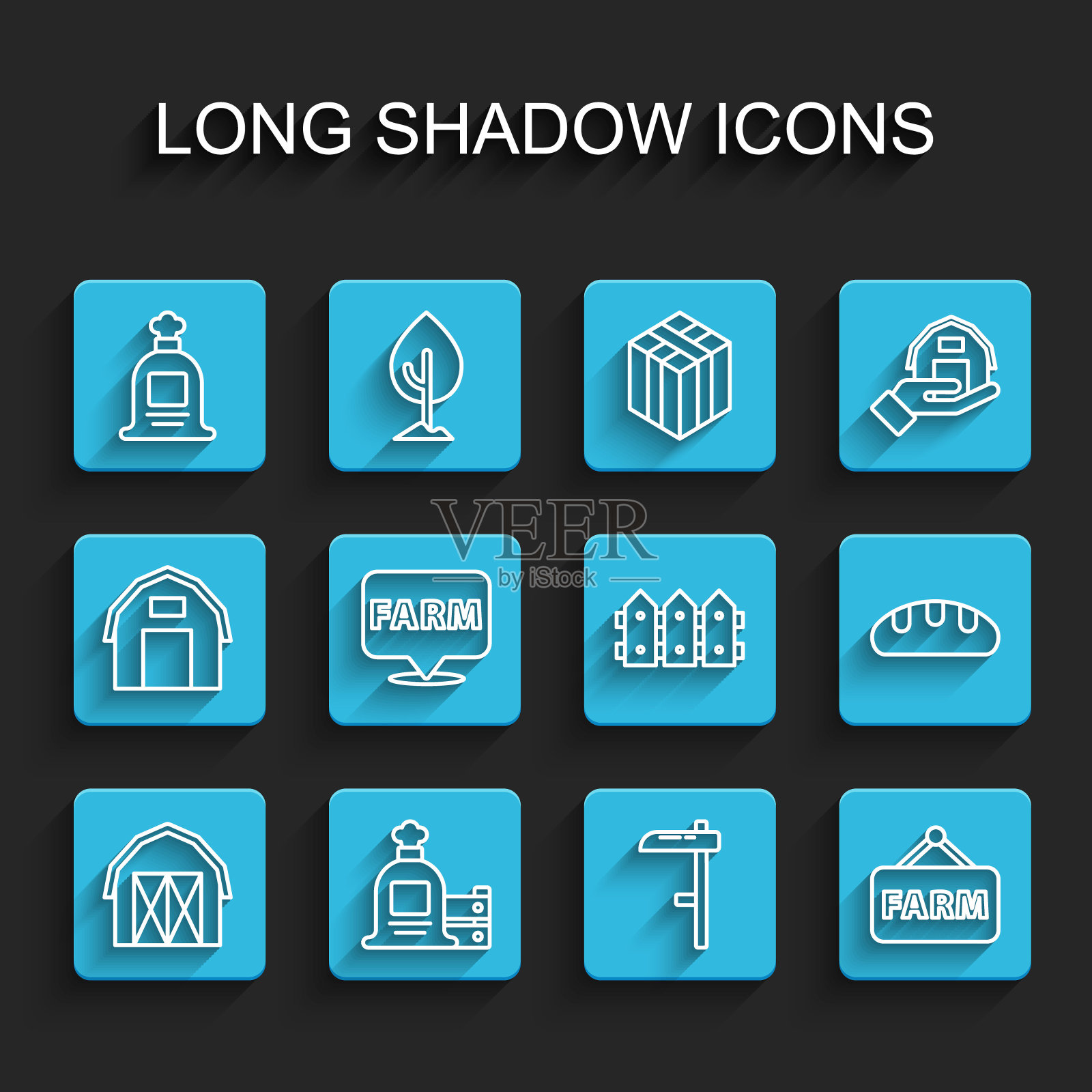 设置线农场的房子，满麻袋和木箱，镰刀，招牌文字，位置农场，面包面包和花园围栏图标。向量插画图片素材