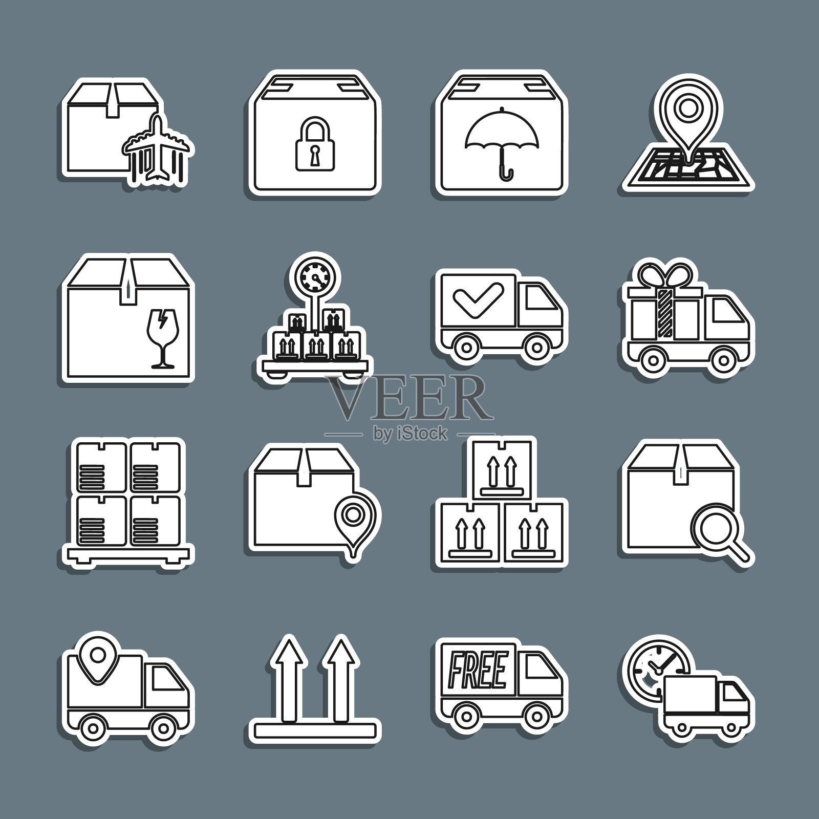 设送货车和时钟，搜索包，礼品，伞，秤纸箱，易碎物品，飞机和勾勾图标。向量插画图片素材