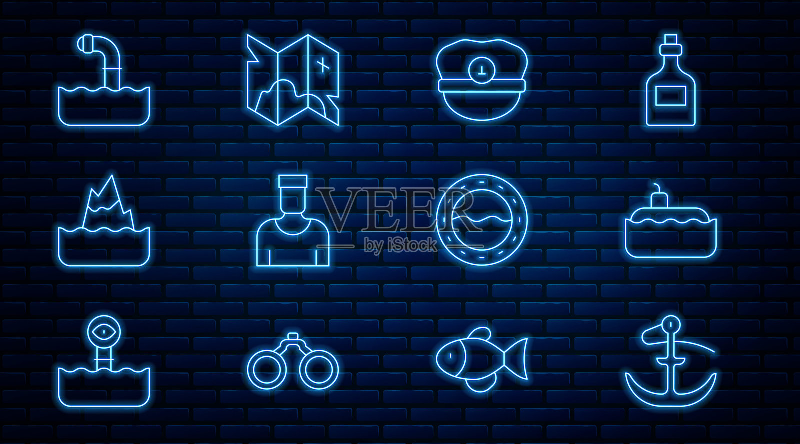 设线锚，潜艇，船长帽，水手船长，冰山，潜望镜，船舷窗和海盗藏宝图图标。向量插画图片素材