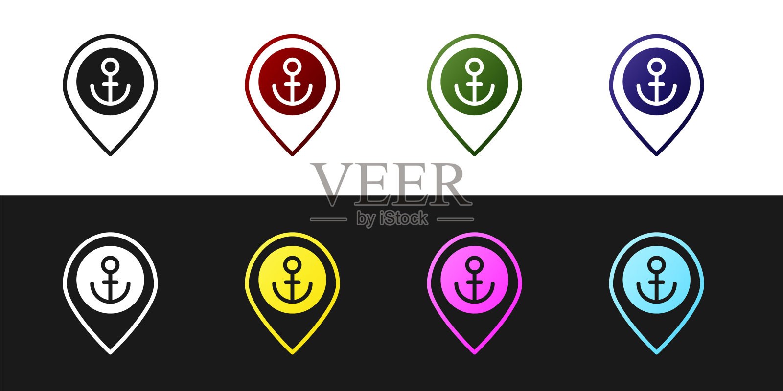 设置地图指针与锚图标隔离在黑白背景。向量插画图片素材