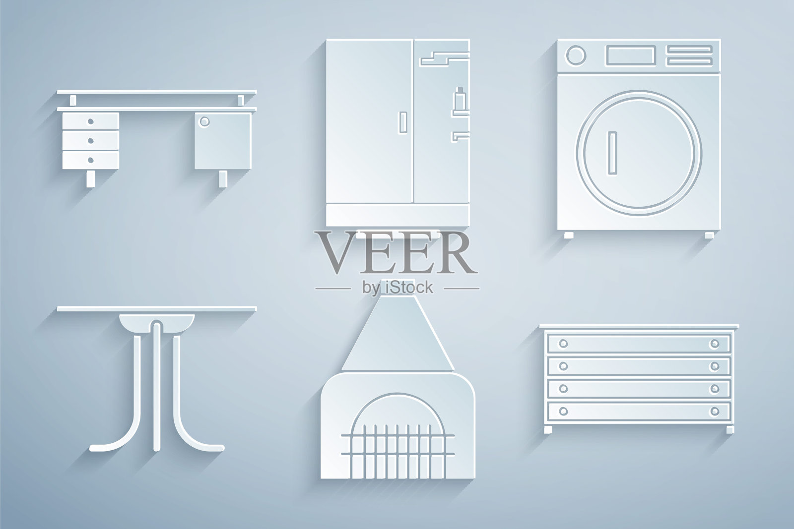设置室内壁炉，洗衣机，圆桌，抽屉柜，淋浴舱和办公桌图标。向量插画图片素材