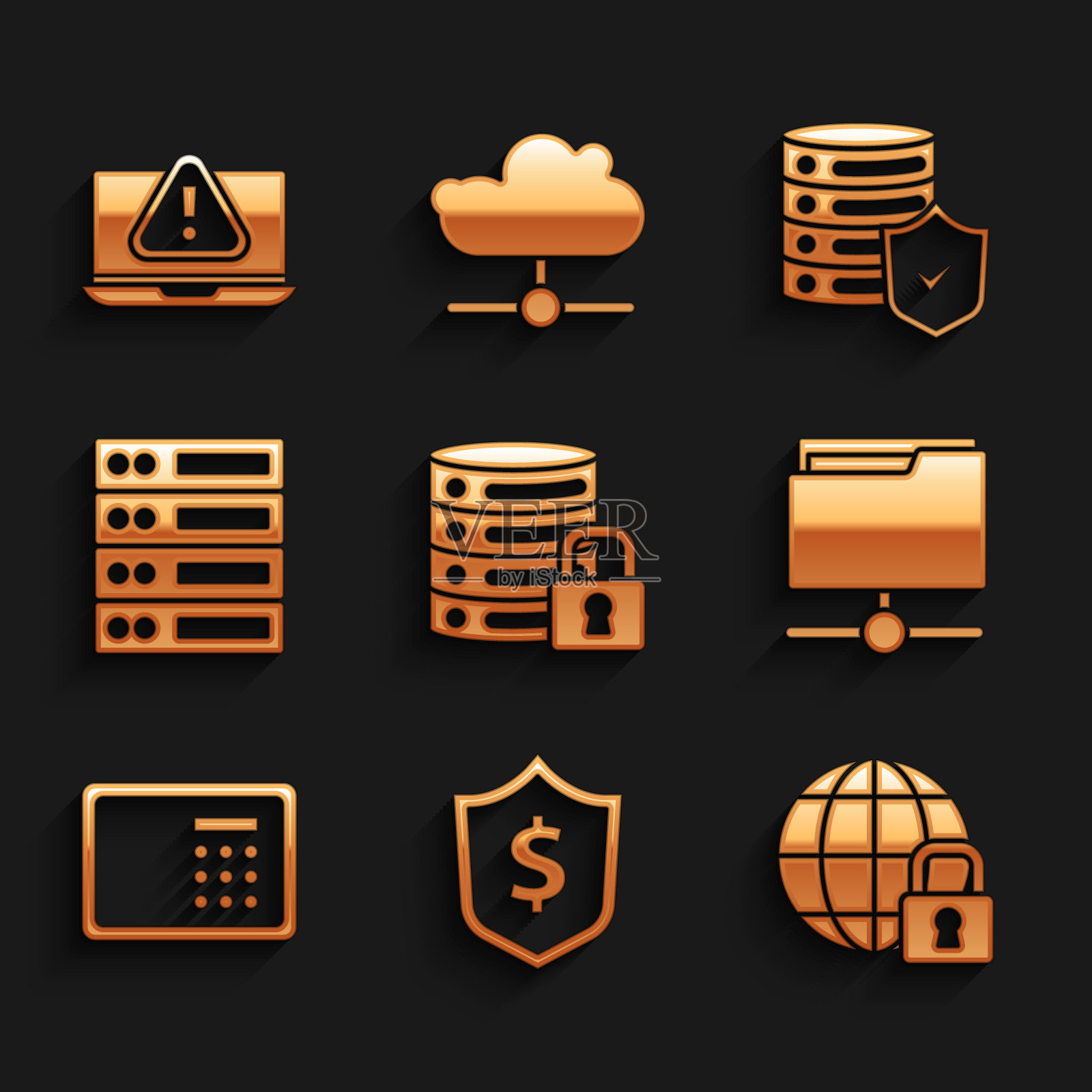 设置服务器安全与锁，屏蔽美元，全球锁定，FTP文件夹，安全，服务器，数据，网络托管，屏蔽和笔记本电脑的感叹号图标。向量插画图片素材