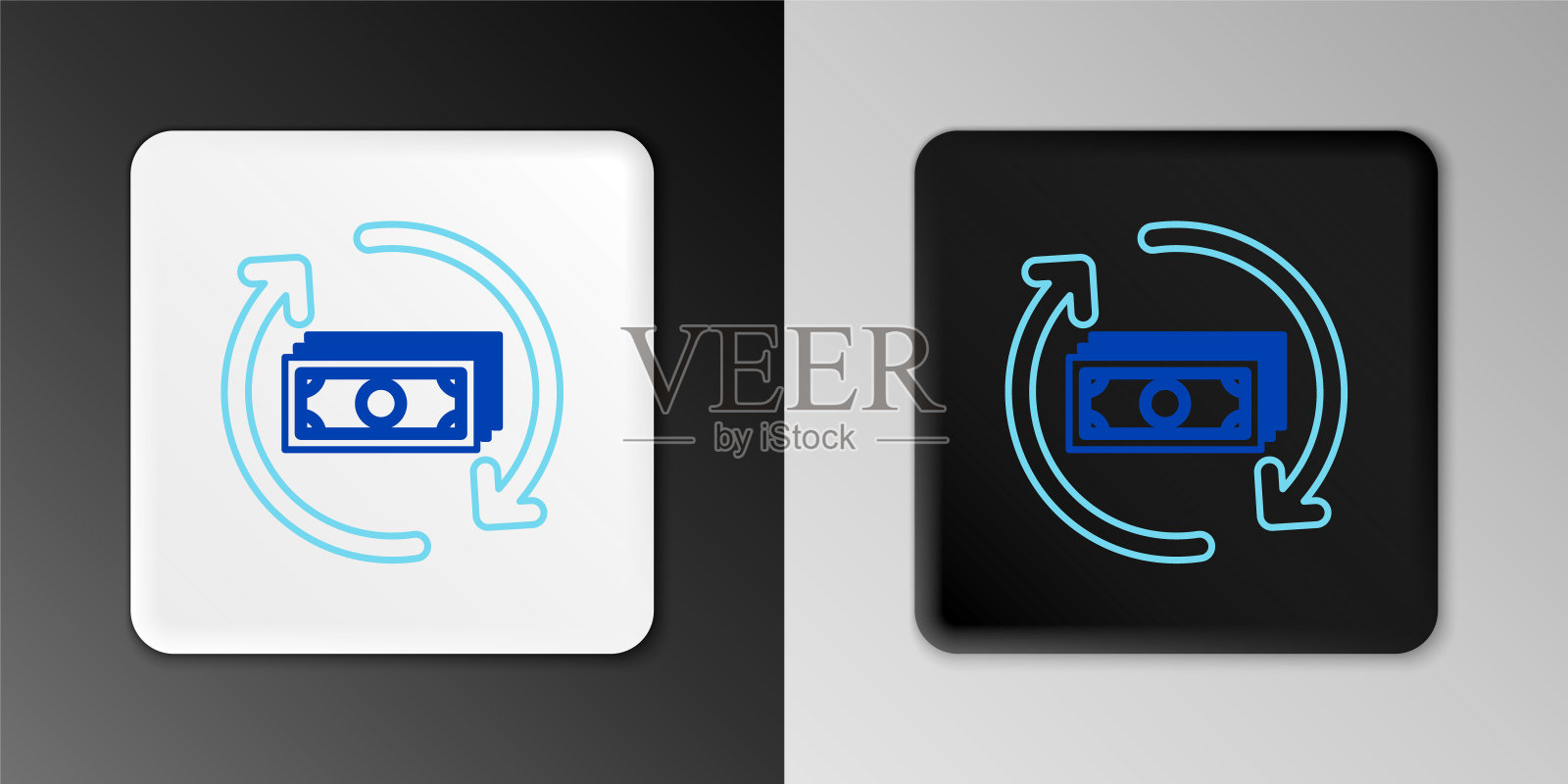 线退款钱图标隔离在灰色背景。金融服务，现金返还概念，退款，投资回报，储蓄账户。色彩缤纷的轮廓概念。向量插画图片素材